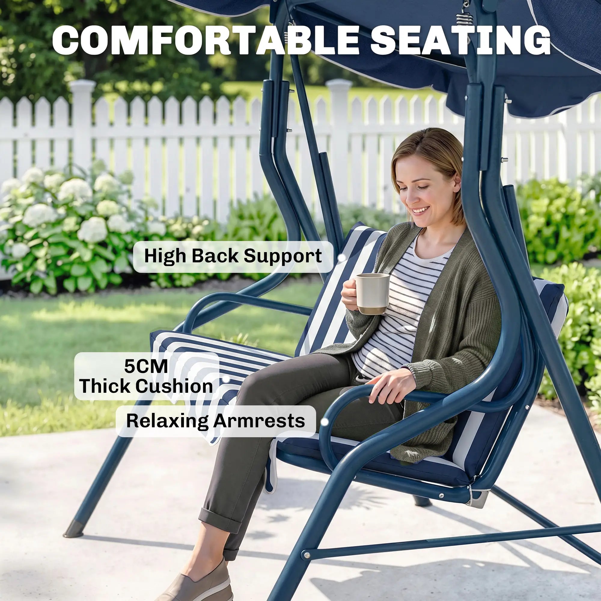 Outdoor Porch Swing, Adjustable Canopy, 3-Seater with Cushion, Blue Patio Swings with Stand at Gallery Canada