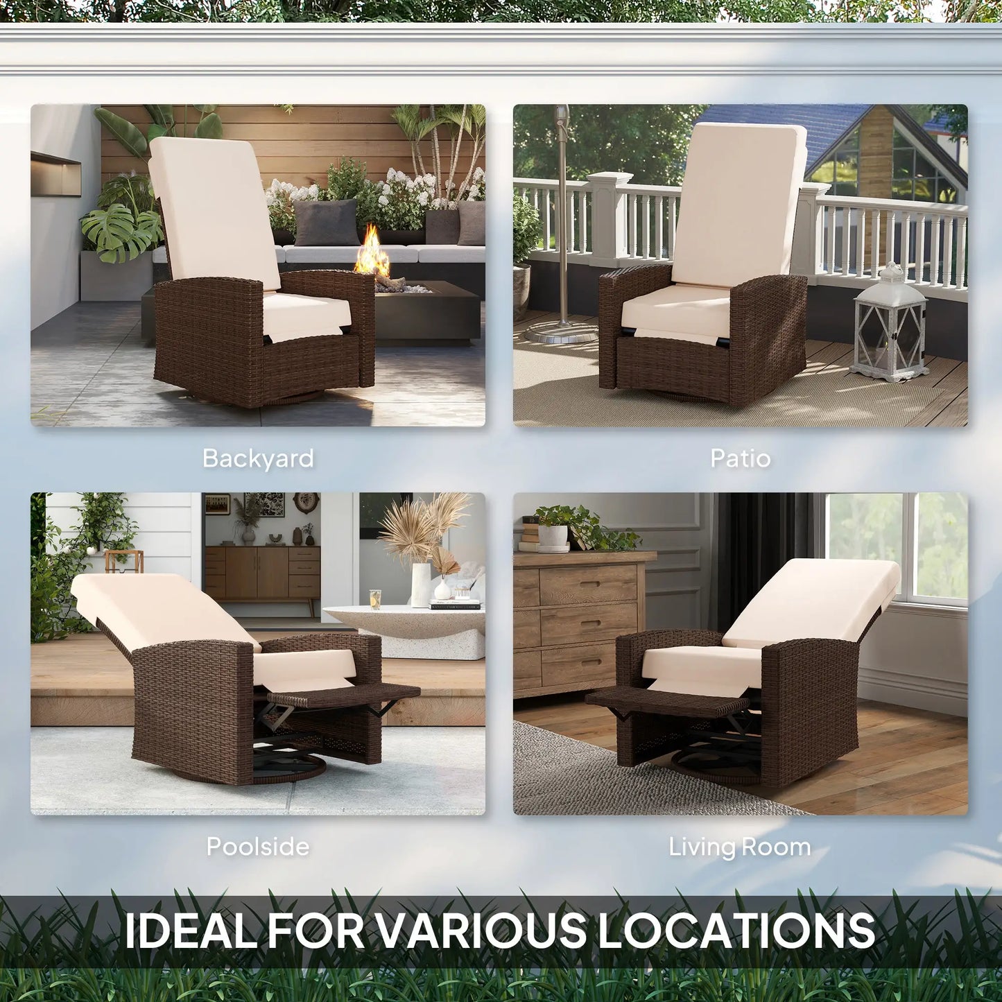 Outdoor Rattan Lounge Chair with Footrest, Soft Cushion, Cream White Patio Chairs at Gallery Canada