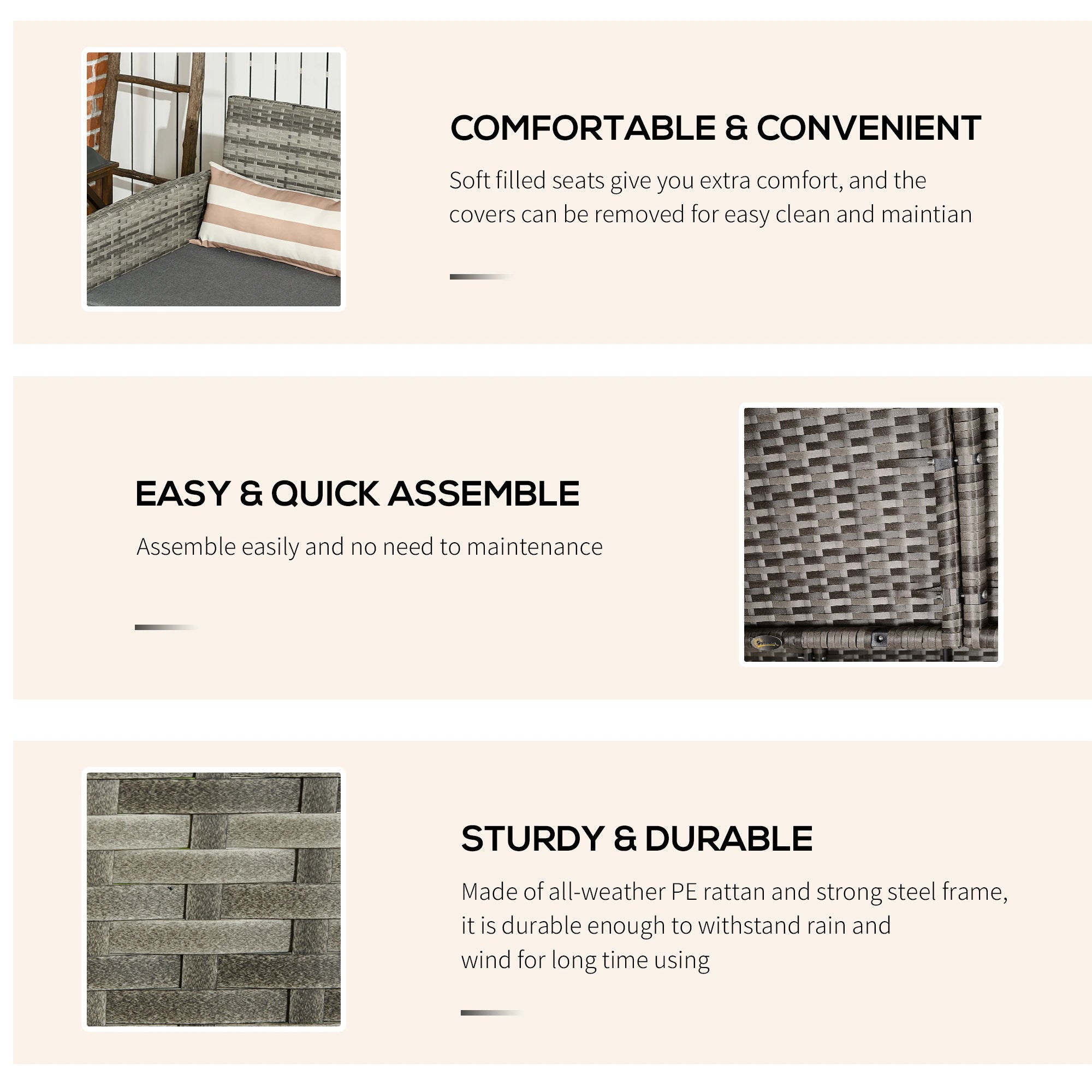 3-Seater Wicker Sofa, PE Rattan Outdoor Couch, Removable Cushions, Grey Patio Furniture Sets at Gallery Canada