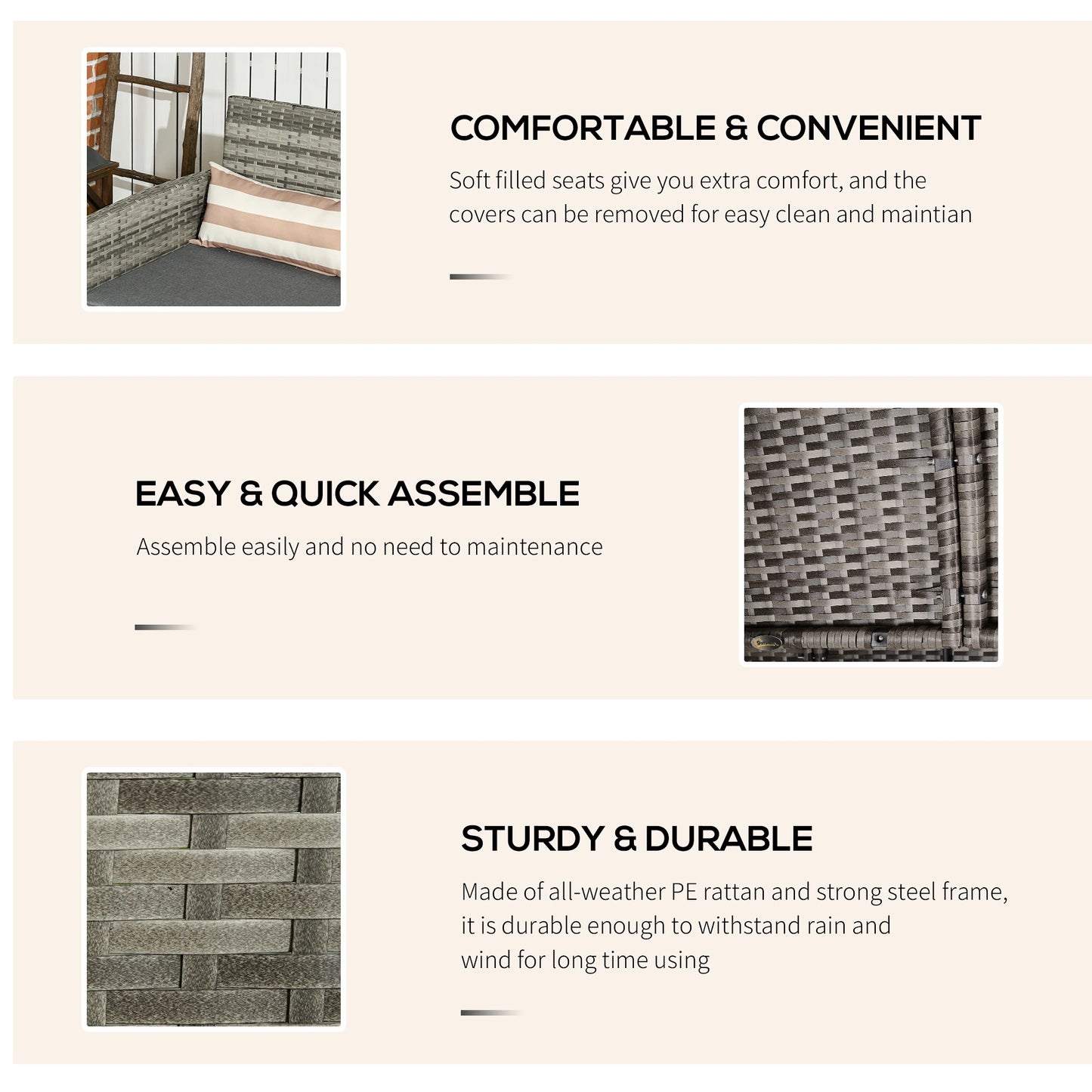 3-Seater Wicker Sofa, PE Rattan Outdoor Couch, Removable Cushions, Grey Patio Furniture Sets at Gallery Canada