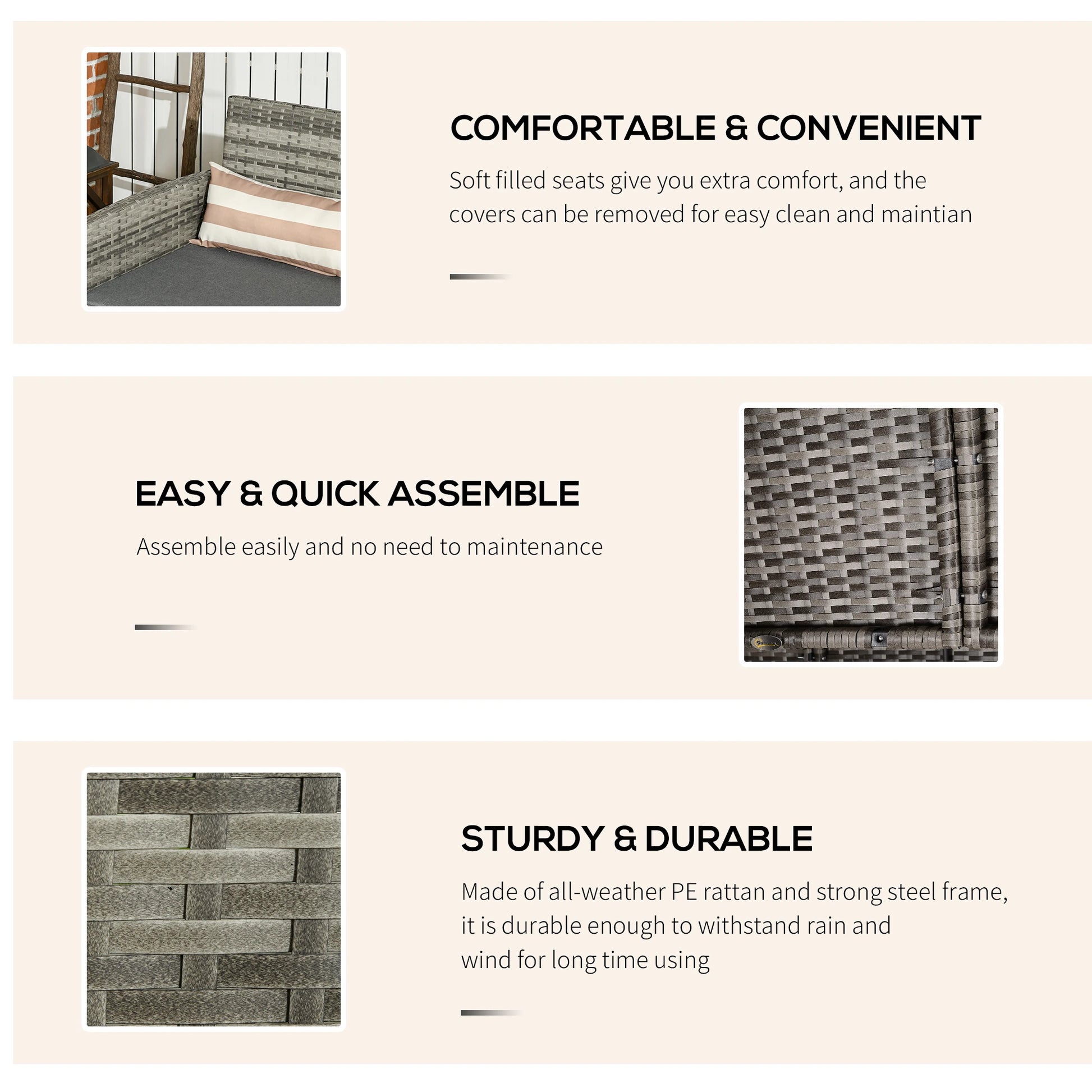 3-Seater Wicker Sofa, PE Rattan Outdoor Couch, Removable Cushions, Grey Patio Furniture Sets at Gallery Canada