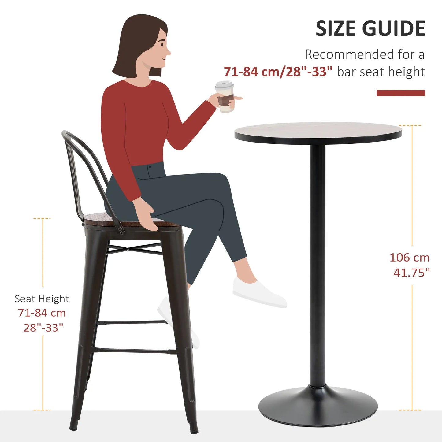 Table Ronde Bar 42 Pouces, Table Bistro Industrielle, Base Métallique, Plateau en Bois d'Orme
