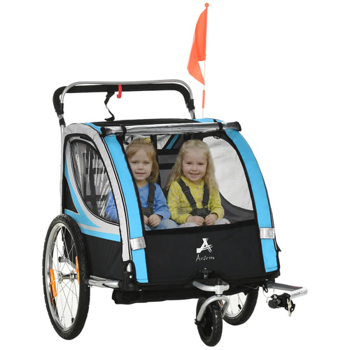 2 Seat Bike Trailer, Double Jogging Stroller, Handbrake, Rubber Wheels, Blue
