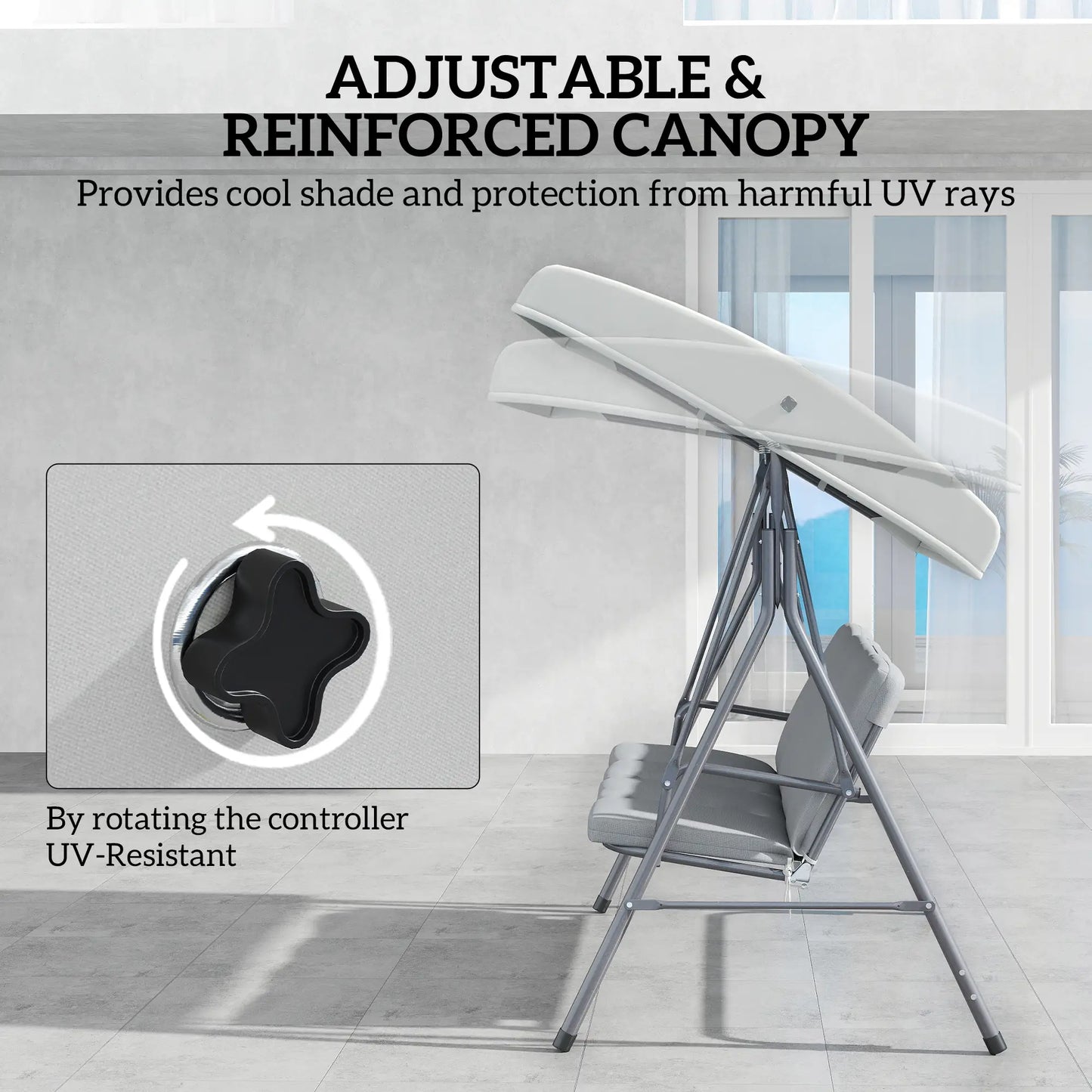 3-Seat Patio Swing Chair, Outdoor Porch Glider, Adjustable Canopy, Light Grey Patio Swings with Stand at Gallery Canada