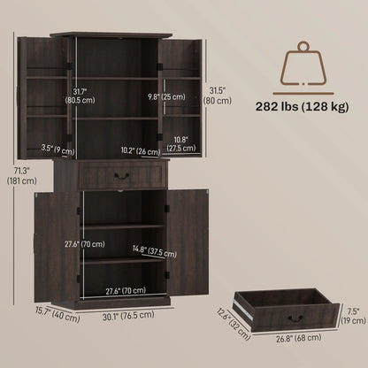 71" LED Kitchen Pantry Cabinet, Farmhouse Storage, Distressed Brown, Brown Kitchen Pantry Cabinets at Gallery Canada
