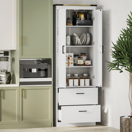 67" Tall Kitchen Pantry Cabinet, Doors, Drawers, Adjustable Shelves, Cream White Kitchen Pantry Cabinets Cream White Wood Grain, Retro Brown at Gallery Canada