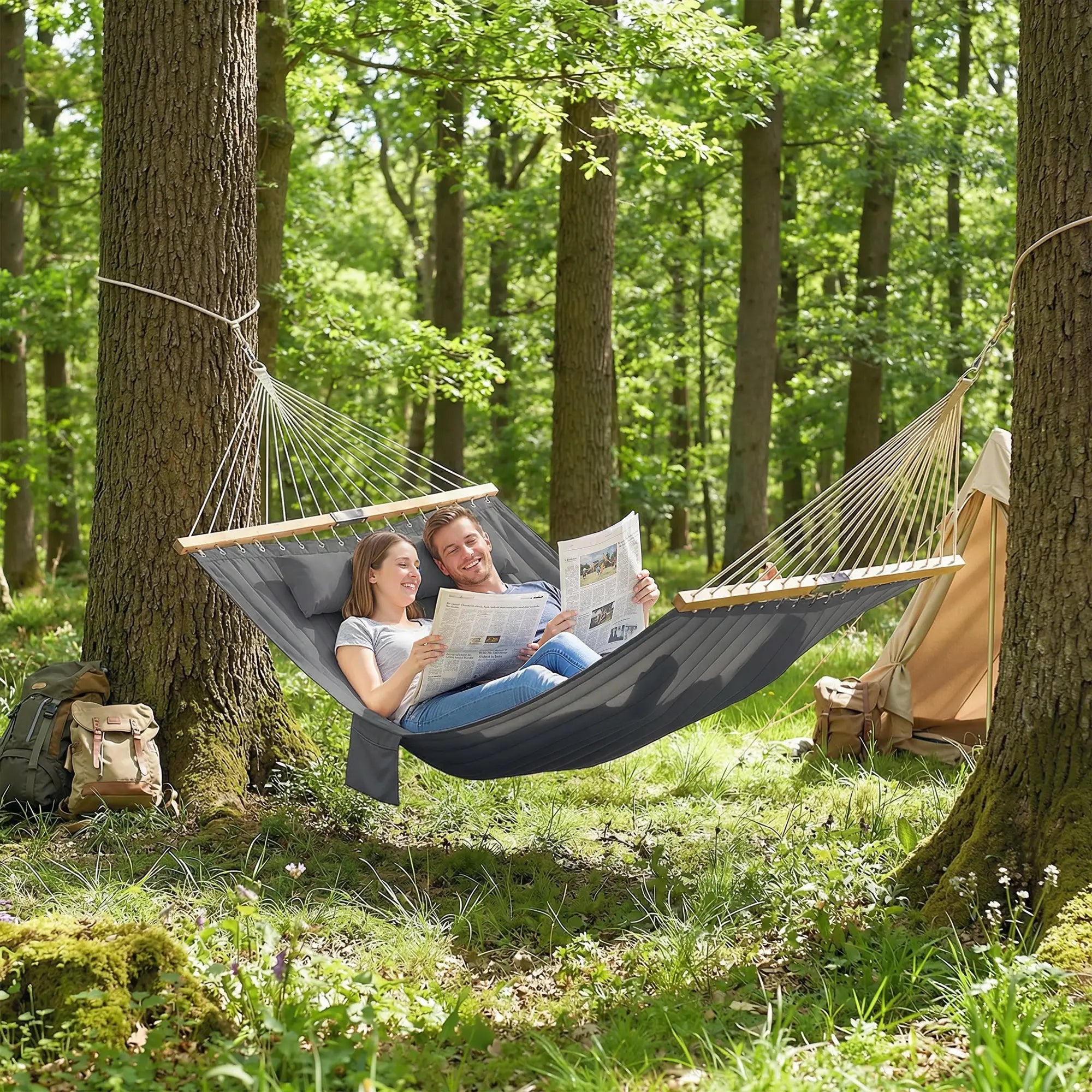 Padded Camping Hammock With Pillow, Spreader Bars, 200 x 140 cm, Grey Camping Hammocks at Gallery Canada