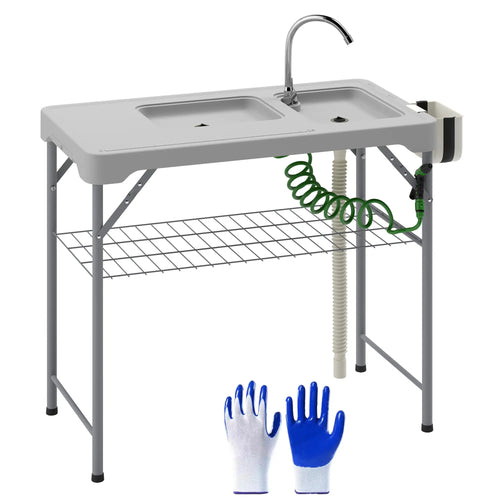 Folding Fish Cleaning Table With Sinks, Camping Sink With Faucet, Grey