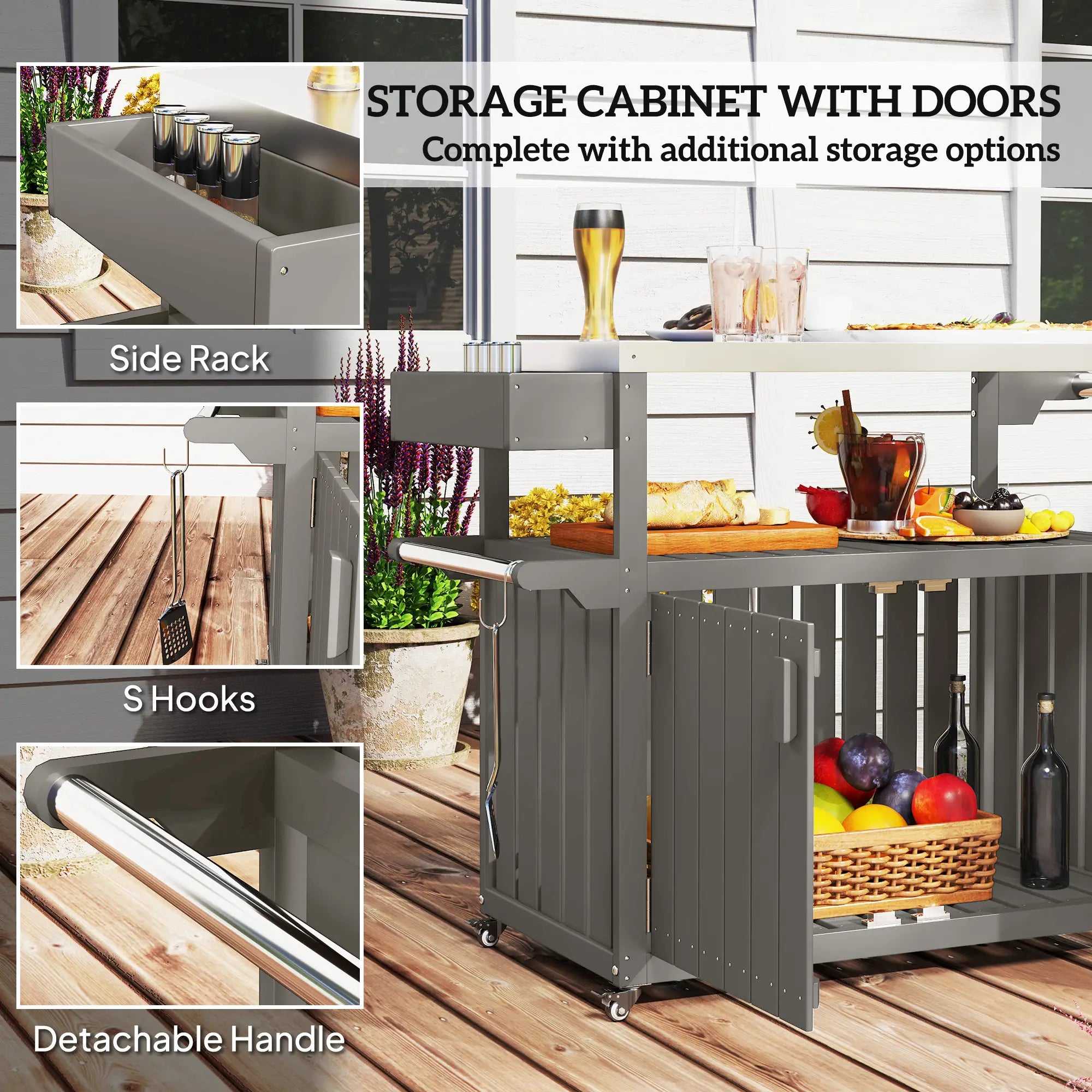 Outdoor Bar Cart With Storage Cabinet, Stainless Steel Table Top, Wheeled HDPE Kitchen Island Outdoor Grill Carts at Gallery Canada