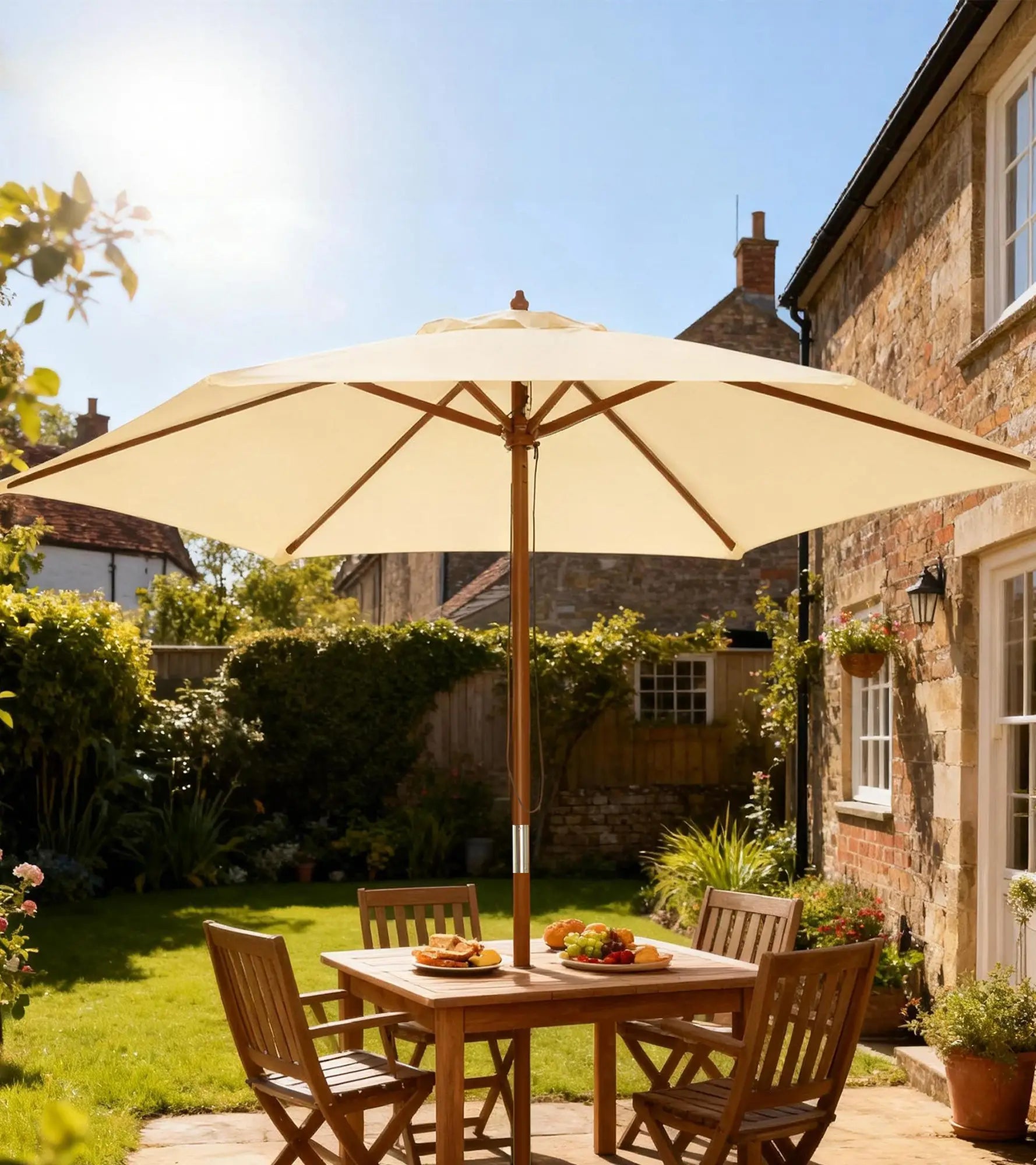 8FT Wood Market Umbrella, Round Garden Parasol, Bamboo Ribs, Cream White Sun Umbrellas at Gallery Canada