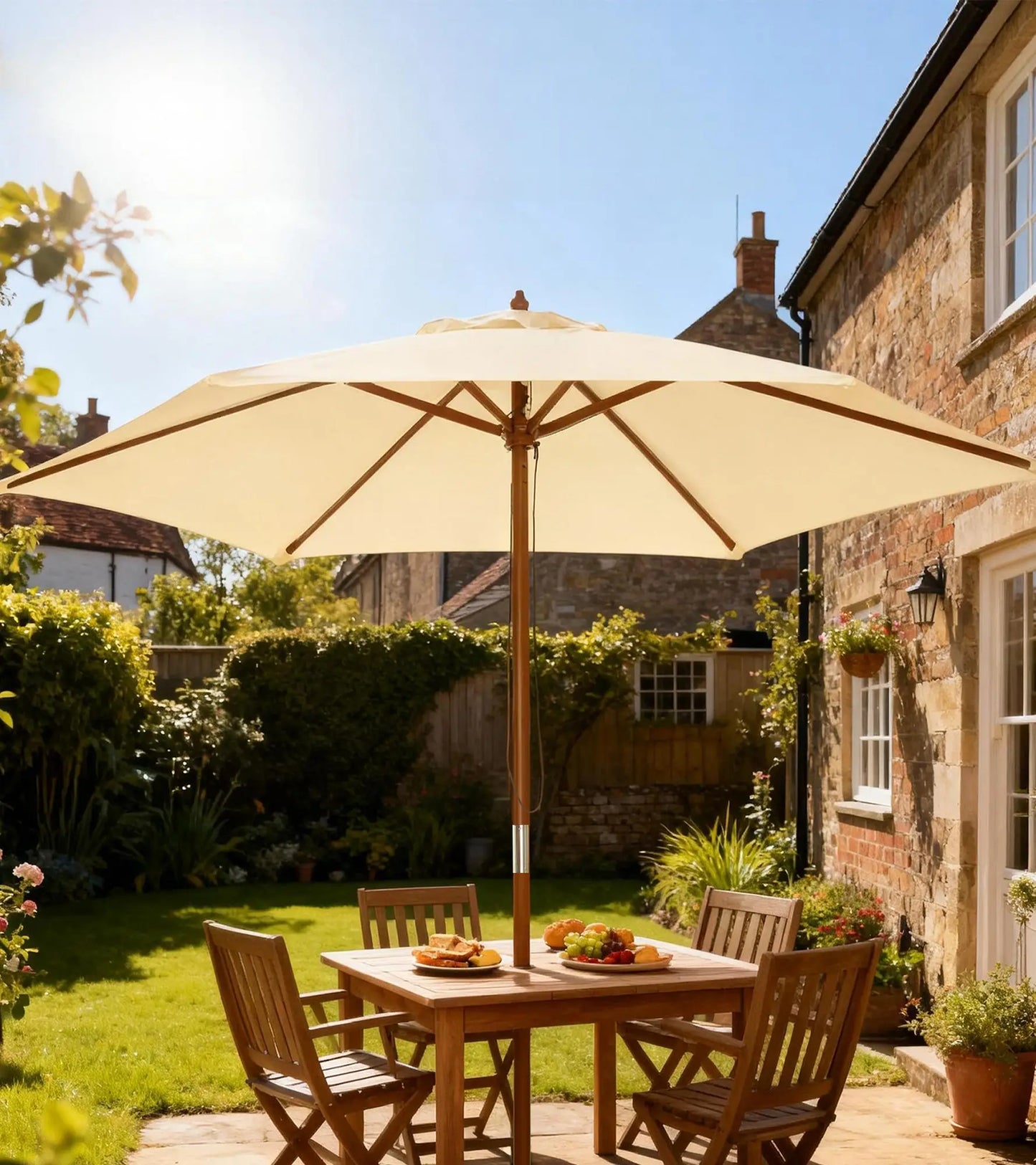 8FT Wood Market Umbrella, Round Garden Parasol, Bamboo Ribs, Cream White Sun Umbrellas at Gallery Canada