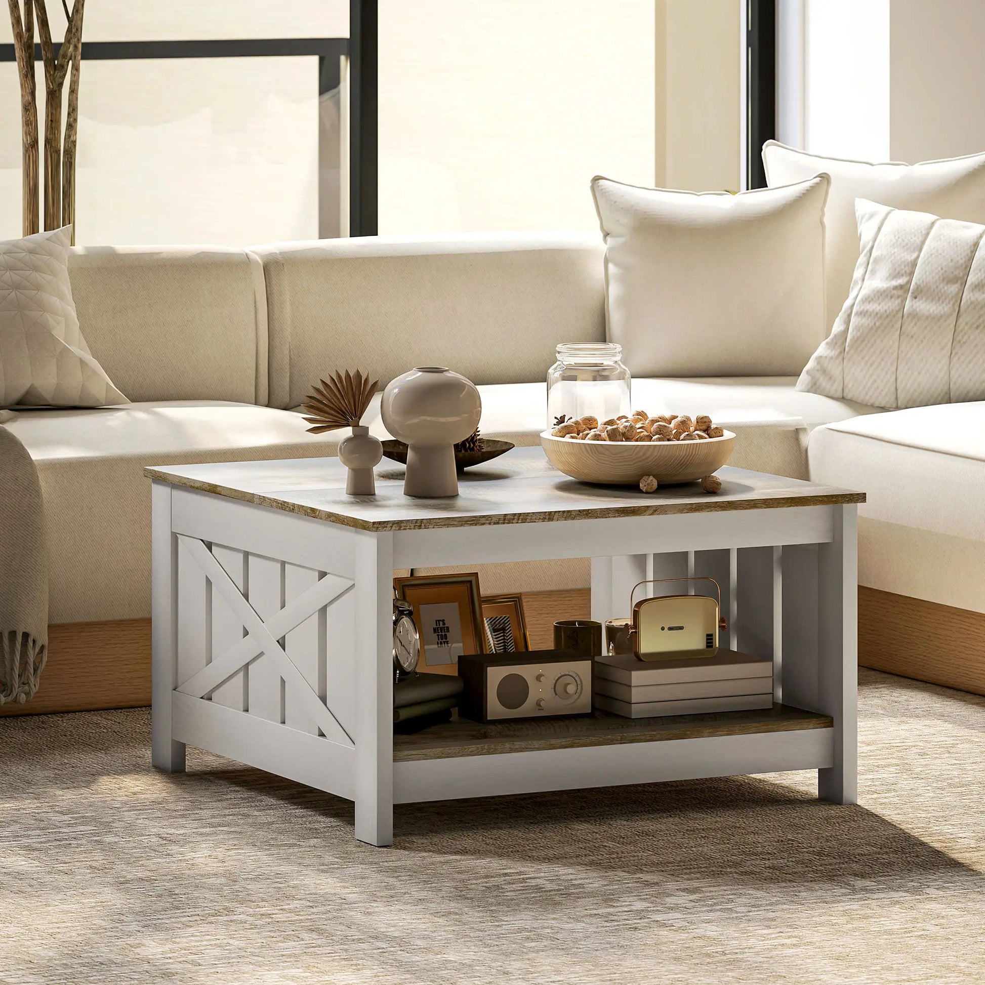 31.5" Square Coffee Table, Farmhouse 2-Tier, Distressed Oak Brown, Brown Coffee Tables at Gallery Canada