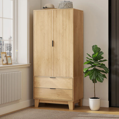 Modern Wardrobe Closet, Freestanding Armoire, 2 Drawers, Hanging Rod, Natural Clothing Storage at Gallery Canada