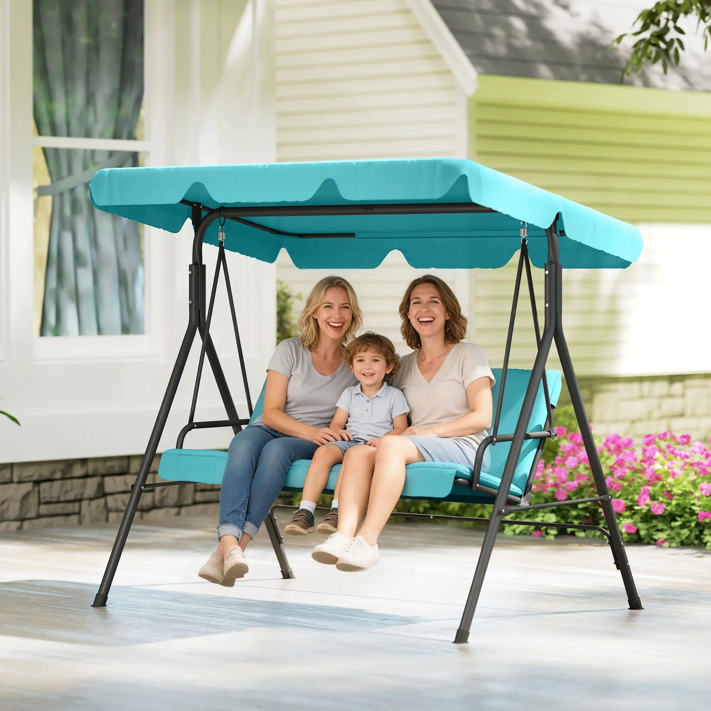 3-Seater Outdoor Porch Swing, Adjustable Canopy, Teal Porch Swings with Canopy at Gallery Canada