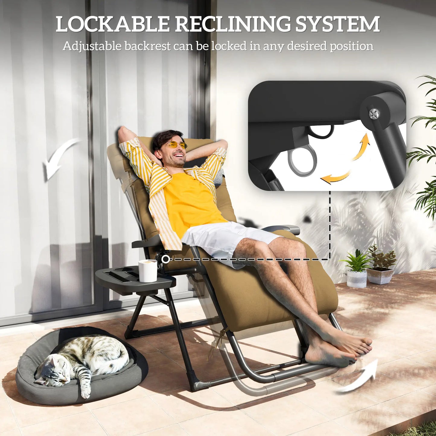 Padded Folding Recliner Chair, Adjustable Backrest, Removable Cushion, Light Khaki Lounger Chairs at Gallery Canada