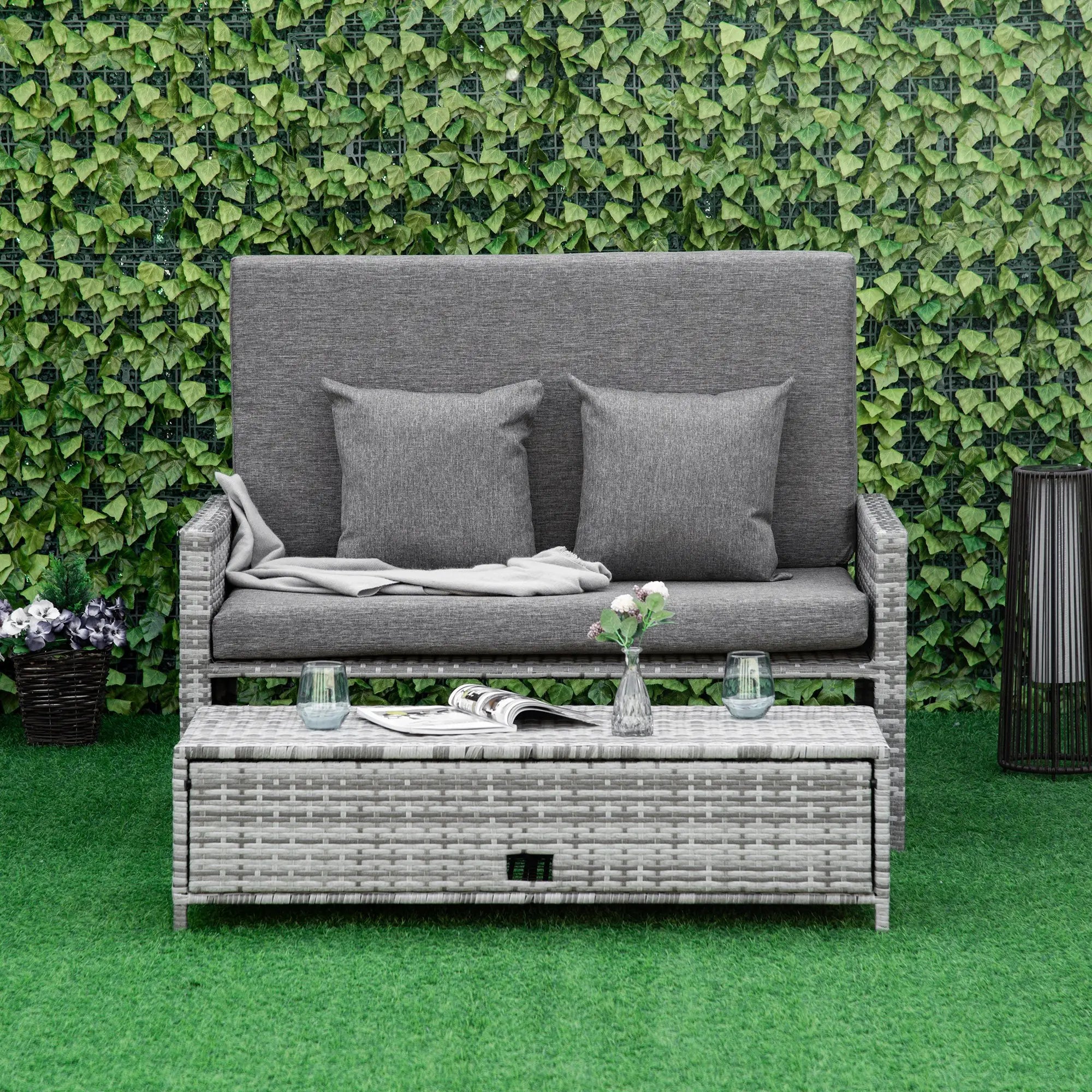 2 Piece Rattan Outdoor Daybed, 2 Seater Sofa Set with Footstool, Grey Patio Furniture Sets at Gallery Canada