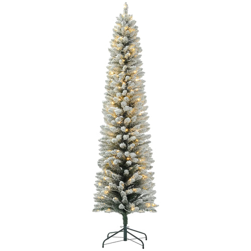 7ft Prelit Snow Flocked Christmas Tree, Metal Base, Warm White LED