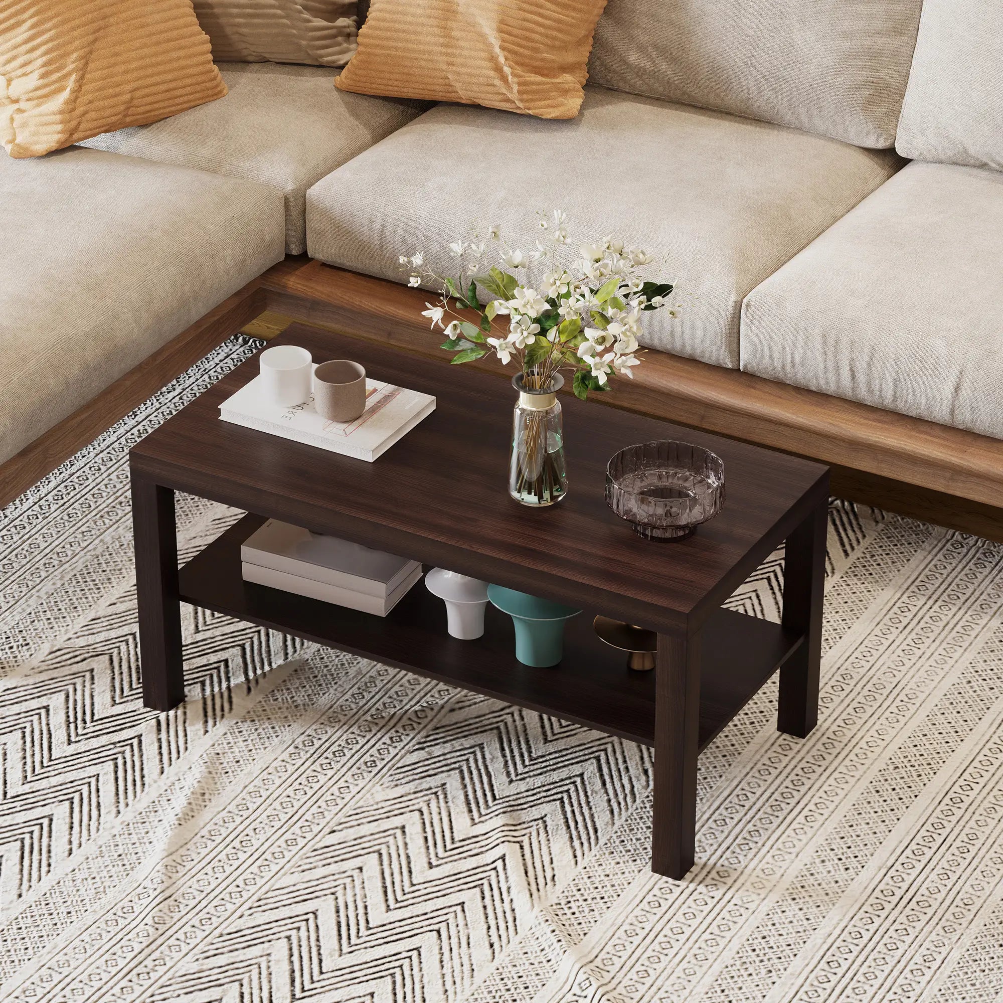2 Tier Coffee Table with Storage Shelf, Rectangular Center Table for Living Room, Home Office Furniture Walnut Coffee Tables at Gallery Canada
