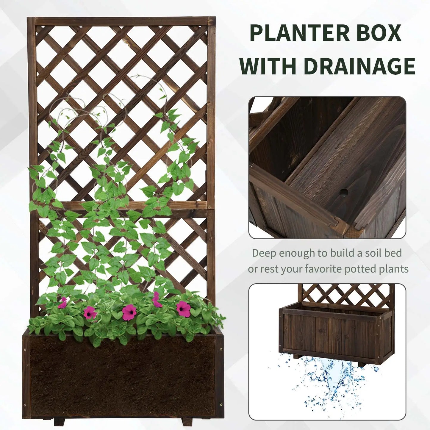 2.4 x 1 x 4.9 ft Wooden Pine Trough Planter with Trellis, Carbonized Wooden Planter Boxes at Gallery Canada