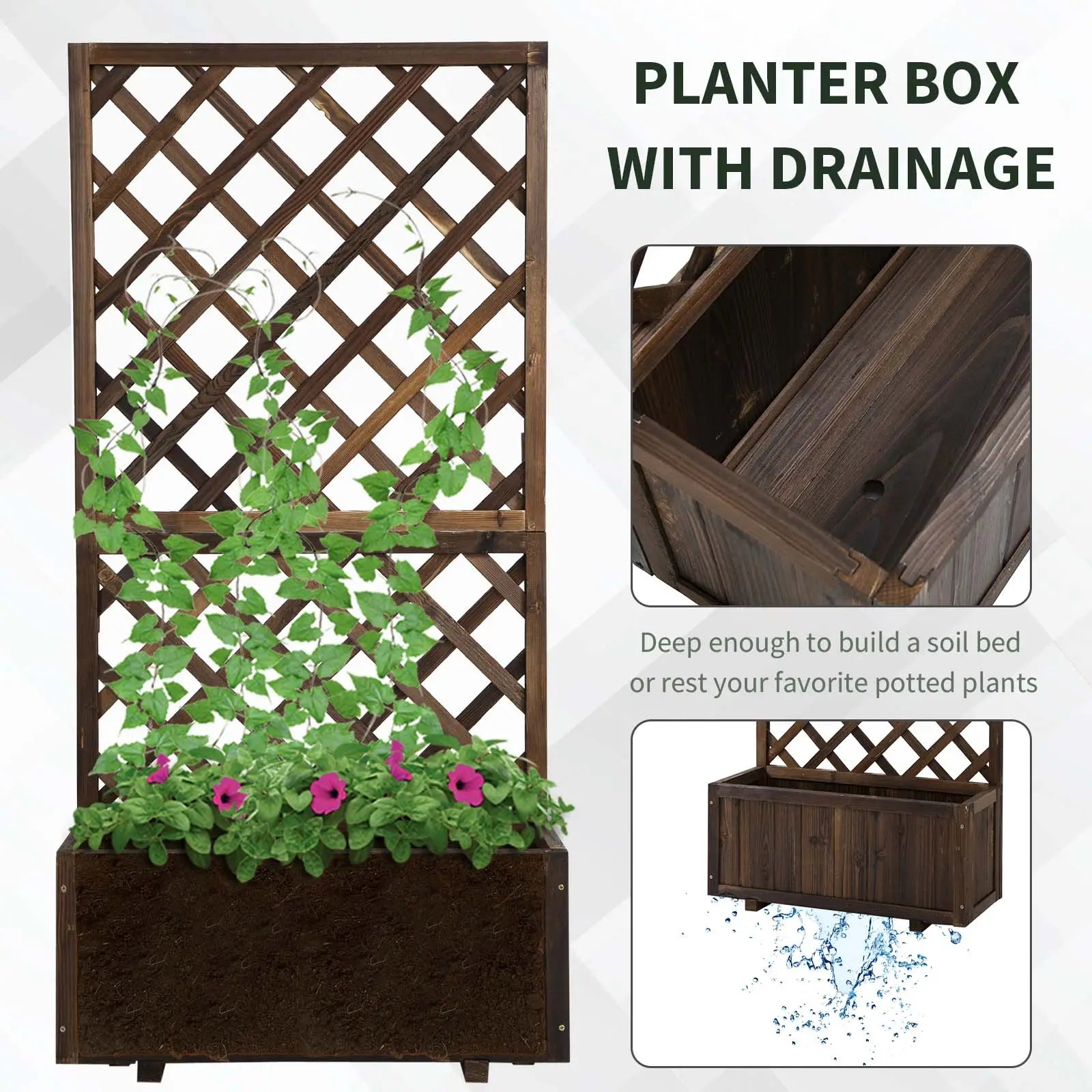 2.4 x 1 x 4.9 ft Wooden Pine Trough Planter with Trellis, Carbonized Wooden Planter Boxes at Gallery Canada