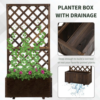 2.4 x 1 x 4.9 ft Wooden Pine Trough Planter with Trellis, Carbonized Wooden Planter Boxes at Gallery Canada
