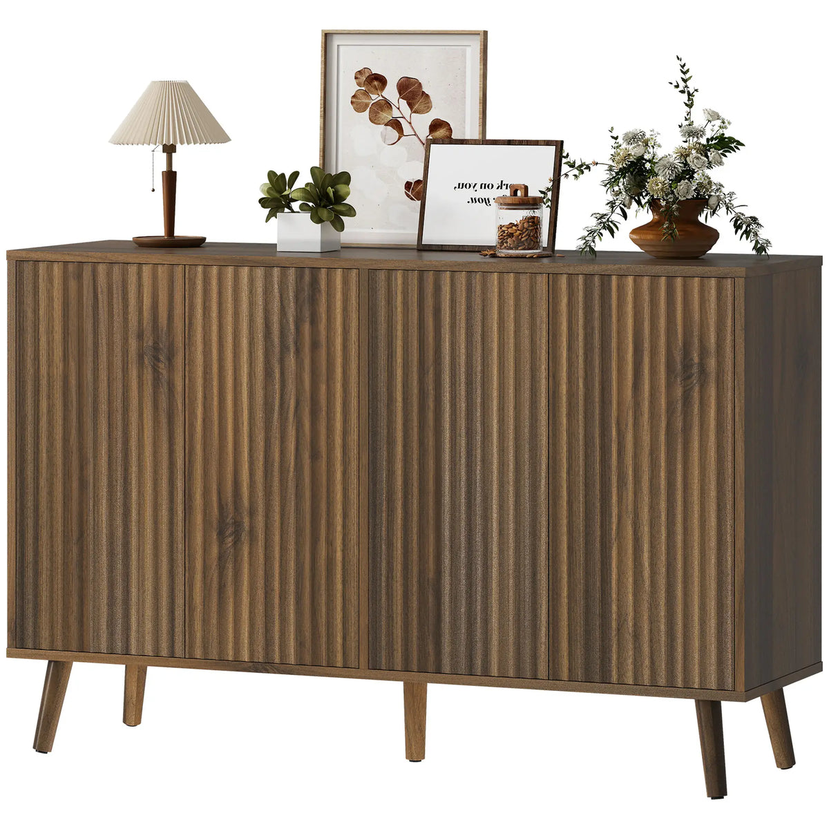 Buffet côtelé avec rangement, étagères ajustables, marron foncé