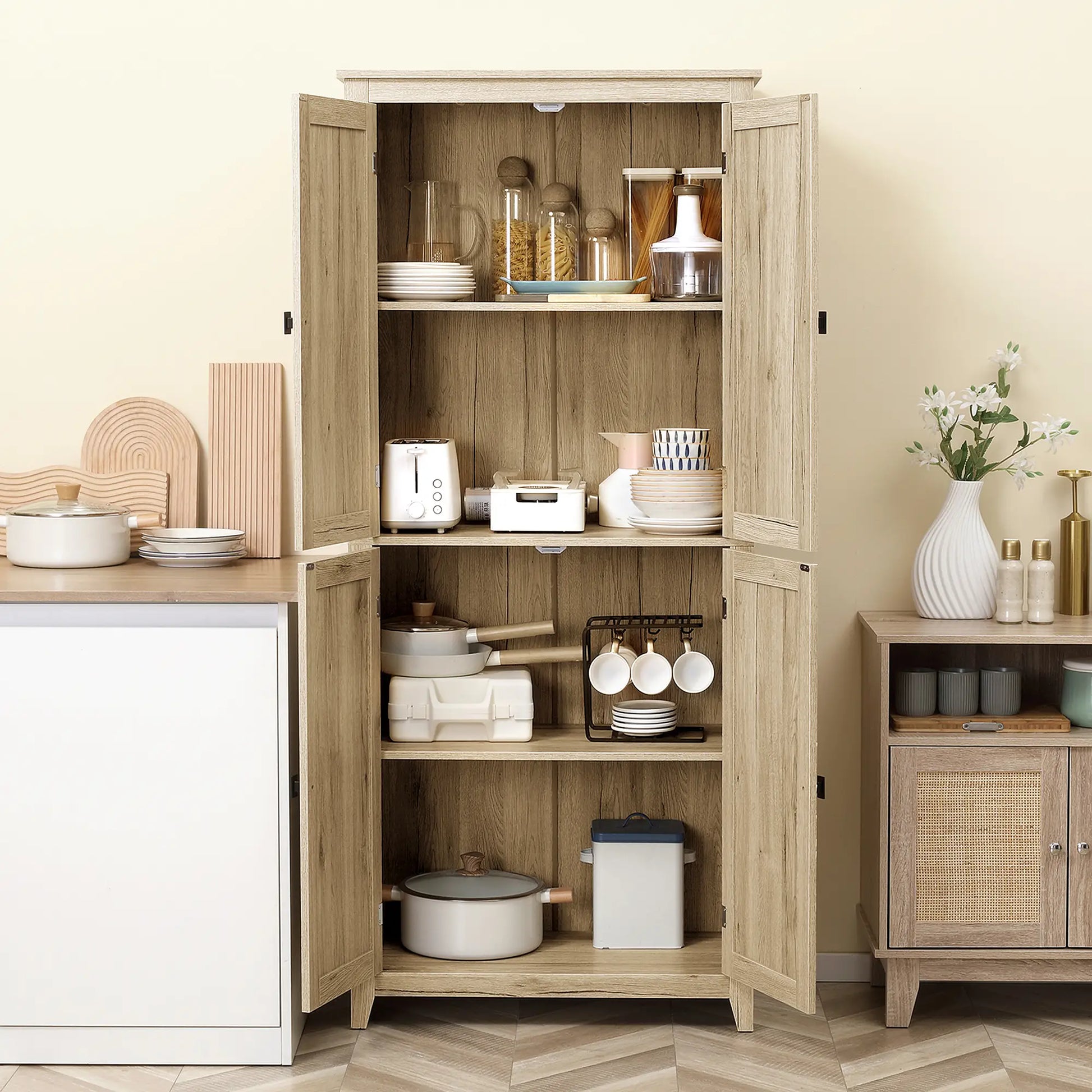 72" Freestanding Storage Cabinet, Kitchen Pantry with Doors, Shelves, Natural Kitchen Pantry Cabinets at Gallery Canada