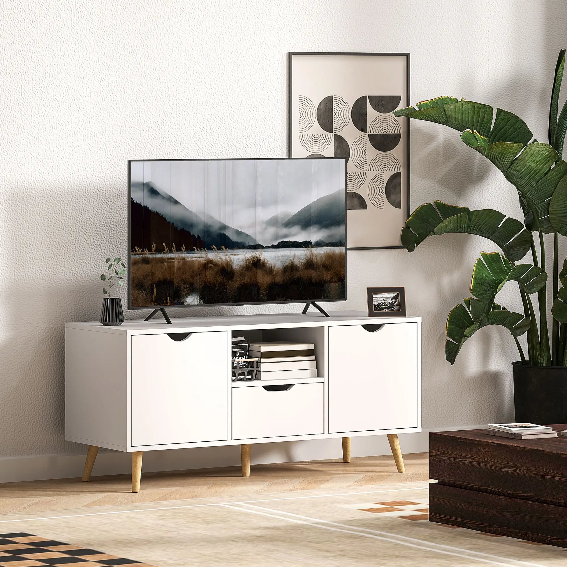 TV Stand for 50" TV, Storage with Shelf, Drawer, 2 Cabinets, White TV Stands at Gallery Canada