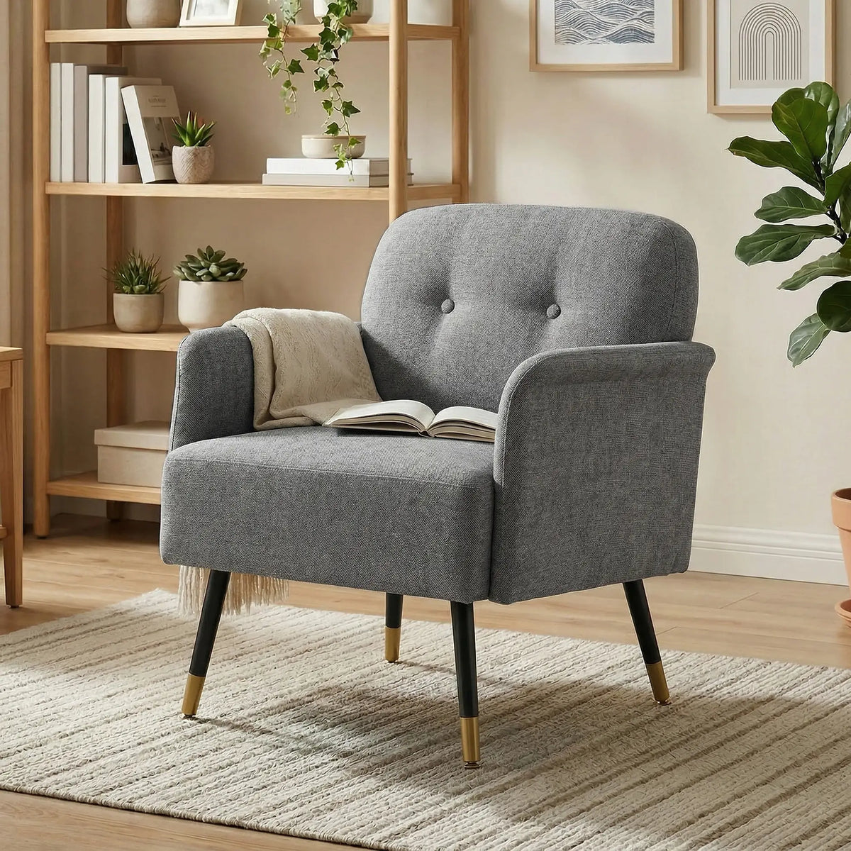 Modern Tufted Accent Chair, Metal Legs, Upholstered Reading Armchair, Grey Accent Chairs at Gallery Canada