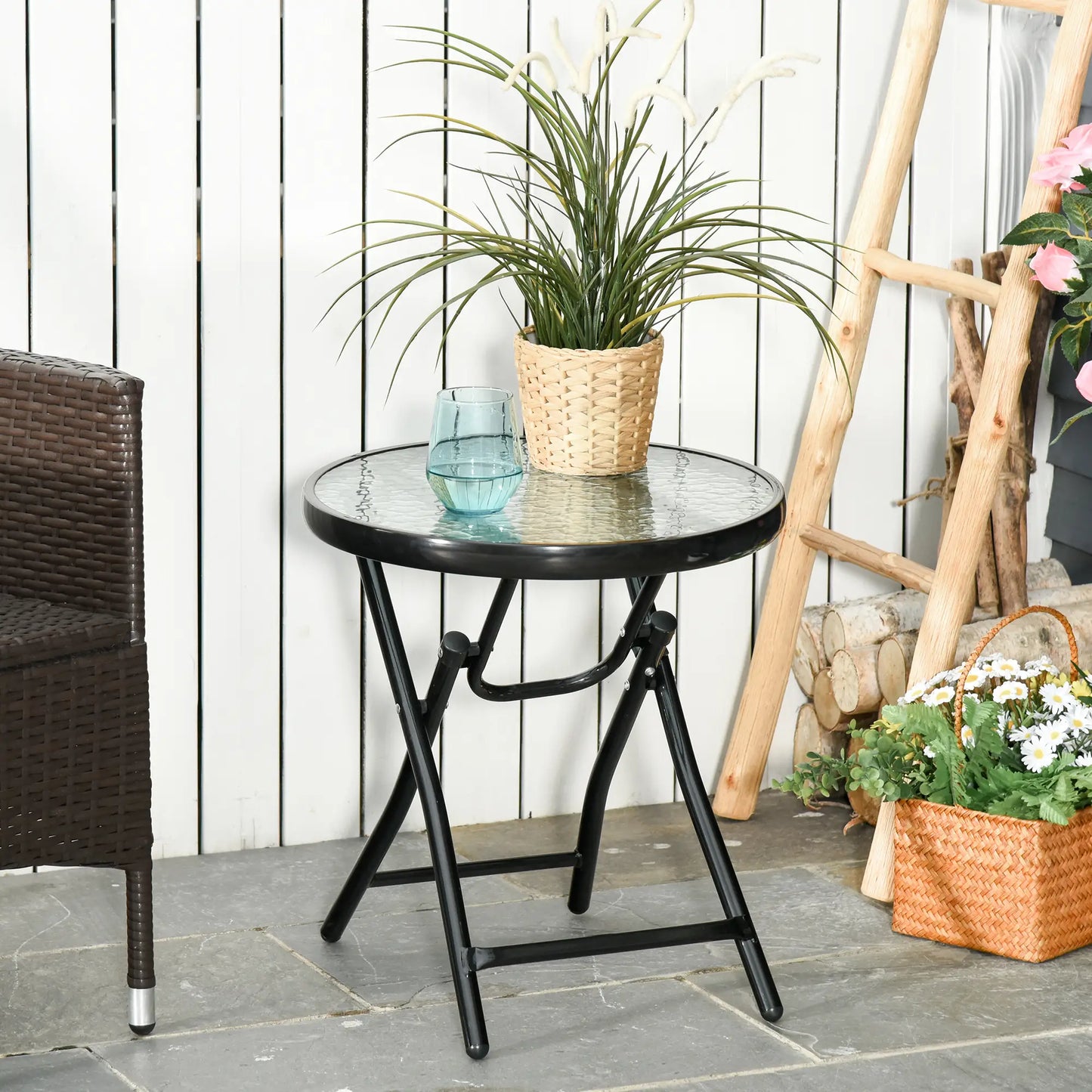 18" Round Folding Coffee Table, Tempered Glass Top, Portable for Patio, Balcony Patio Side Tables at Gallery Canada
