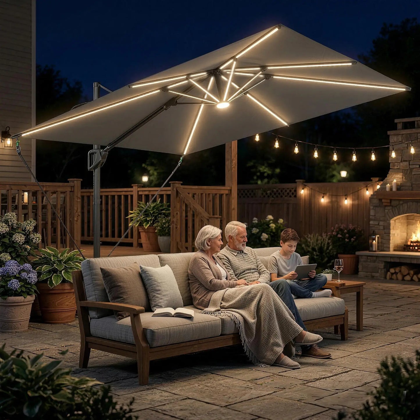 10 x 9.7 Ft Offset Cantilever Patio Umbrella With Lights, Dark Grey Offset Cantilever Umbrellas at Gallery Canada