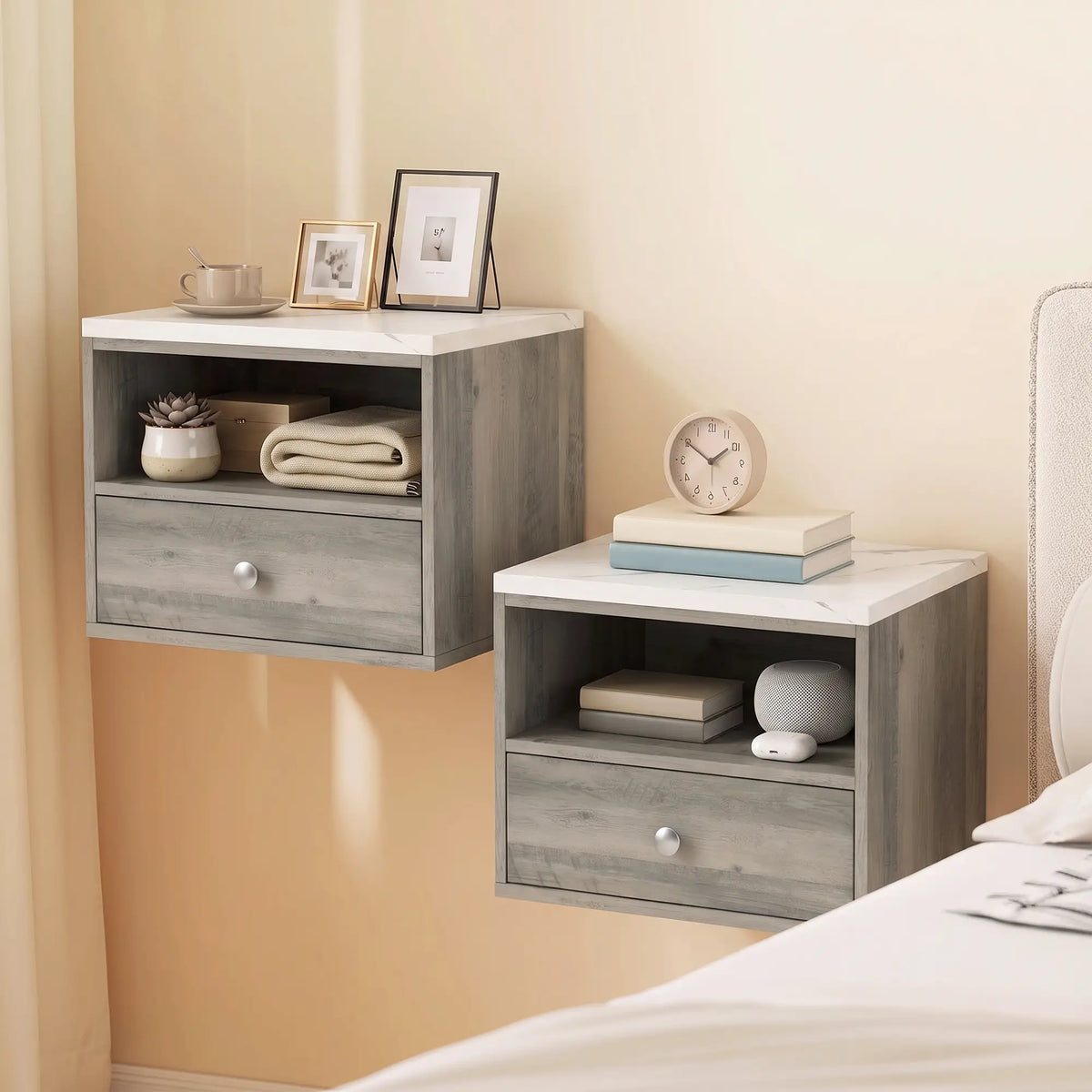 Floating Nightstands Set of 2, Drawer, Marble Top, Natural