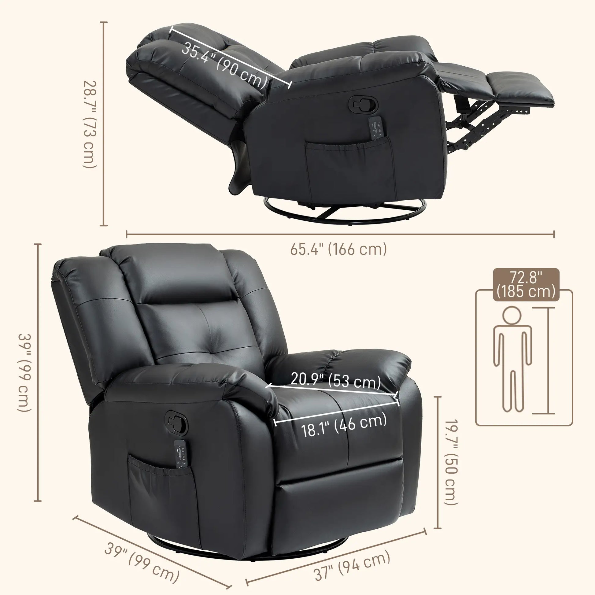 8-Point Vibration Massage Recliner Chair, PU Leather, 360° Swivel, Black Single Sofas at Gallery Canada