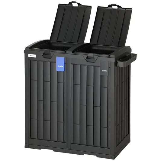 58 Gallon Double Outdoor Garbage Bin, Dual Lid, Plastic Waste Trash Can, Black Garden Accessories Black at Gallery Canada