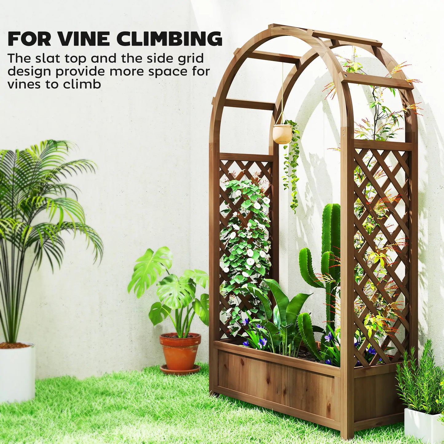 Lit de Jardin Surélevé avec Arche Treillis, Bac à Plantes, Effet Bois Brun Foncé, Brun Foncé