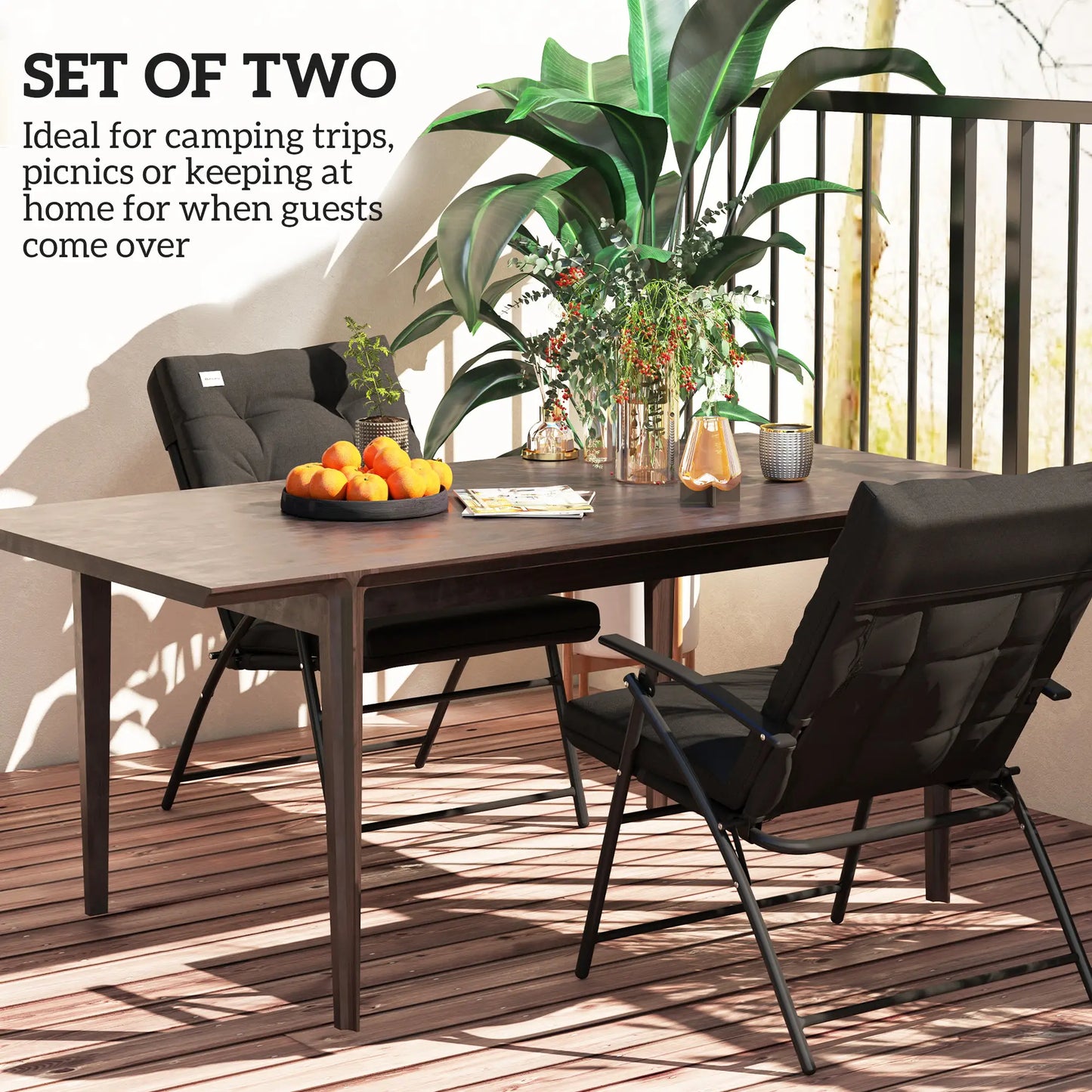 Outdoor Folding Chairs, Adjustable Backrest, Padded, Set of 2, Black Patio Chairs at Gallery Canada