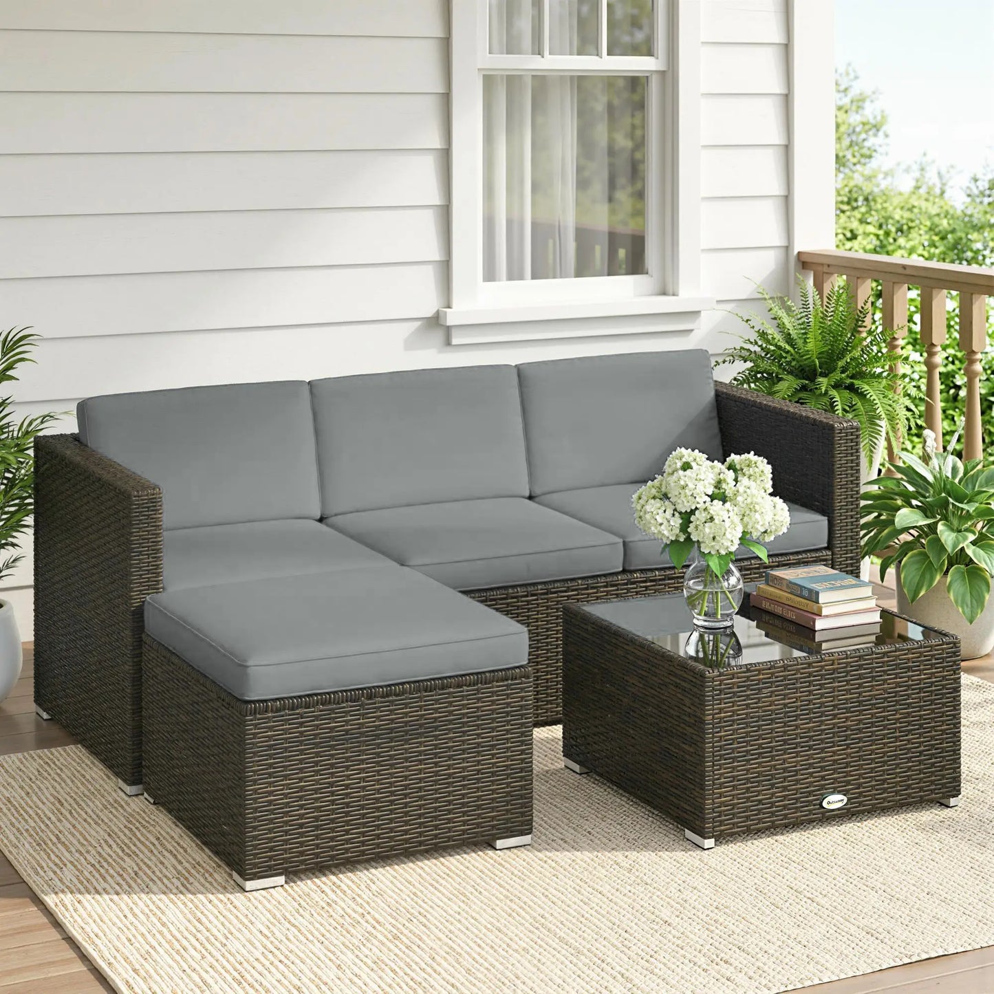 3-Piece Patio Furniture Set With Cushions, Outdoor Rattan Sofa With Glass Table Patio Furniture Sets at Gallery Canada