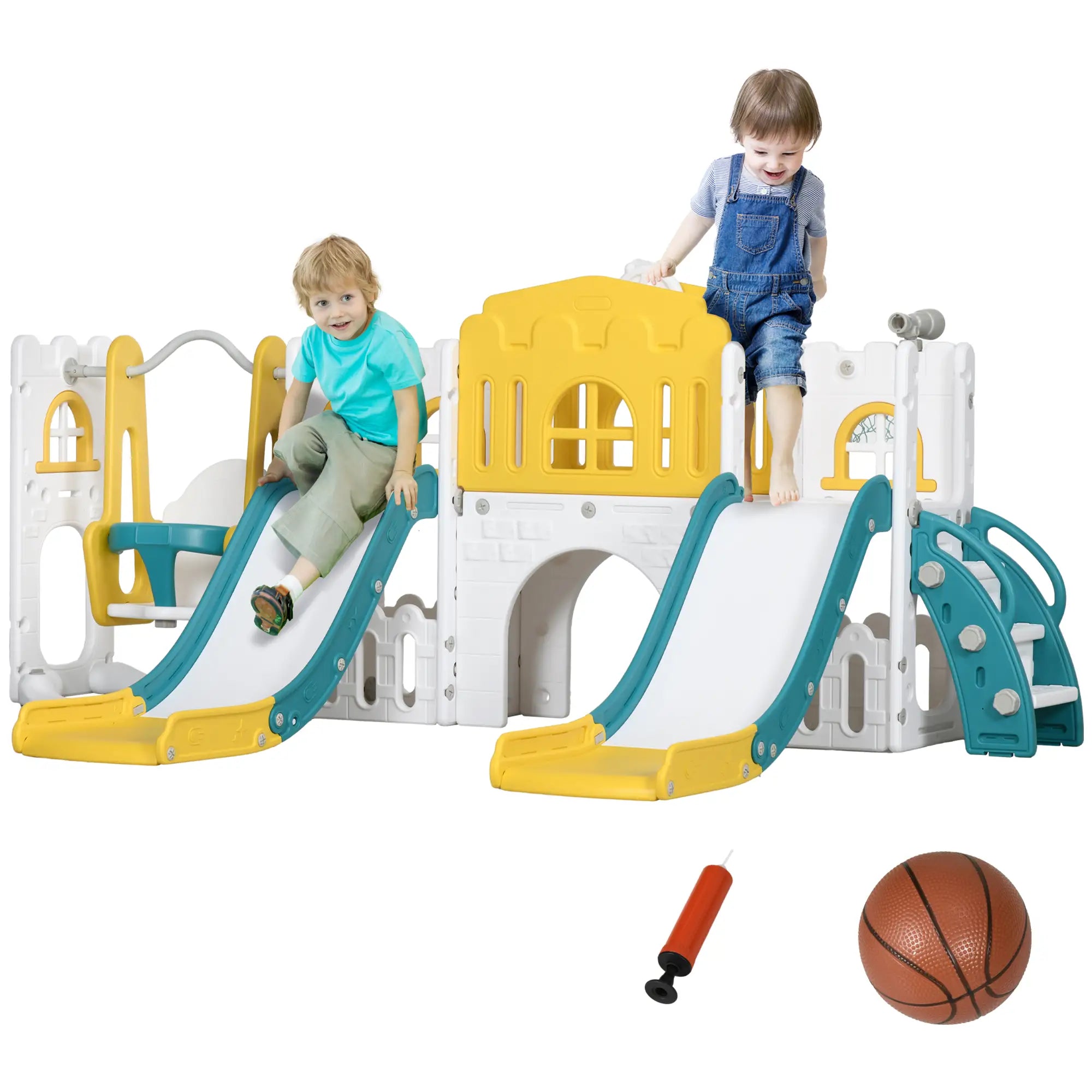 8 in 1 Slide Swing Set, Baby Swing with Basketball Hoop, Climber, Steering Wheel, Ages 1-3, Yellow Gym Sets & Swings at Gallery Canada