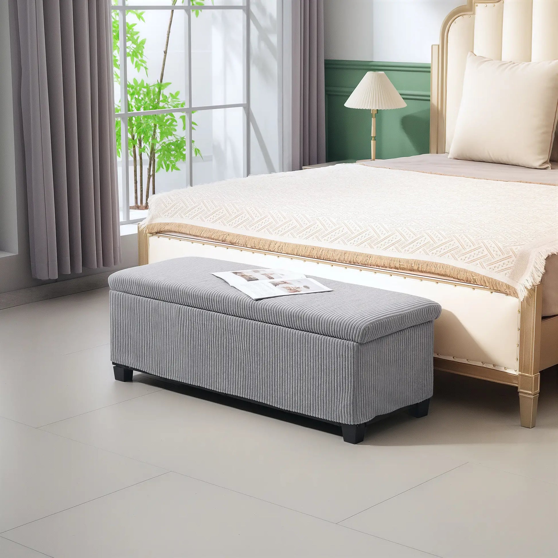44 Inches Ottoman with Storage, Lid, Legs, Corduroy Bench, Light Grey Storage Ottomans & Benches at Gallery Canada