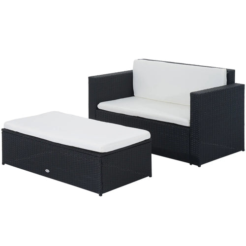 2-Piece Wicker Patio Set, Double Ottoman, PE Rattan, Cream White