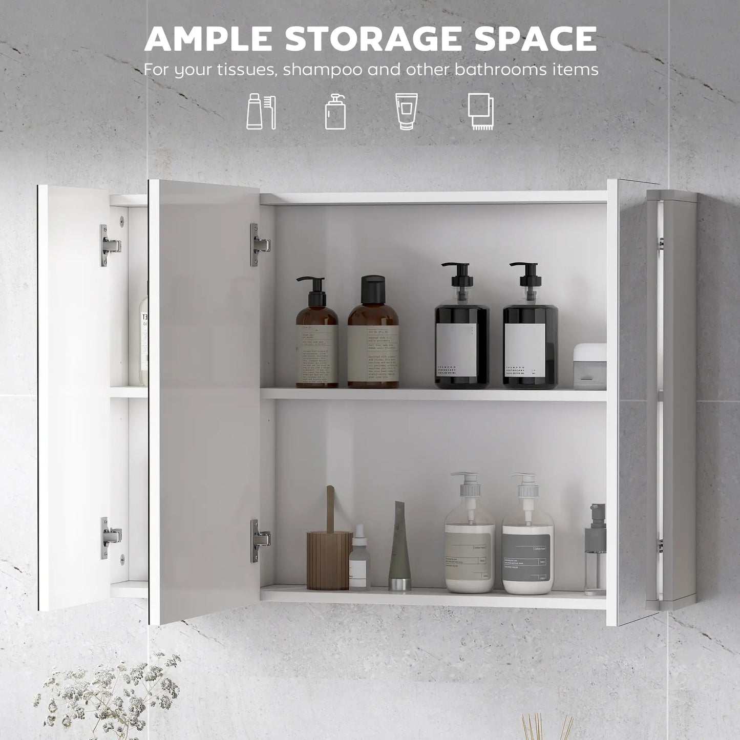 35" x 24" Wall Mounted Mirror Cabinet, 3 Doors, Adjustable Shelves, White Mirror Medicine Cabinets at Gallery Canada