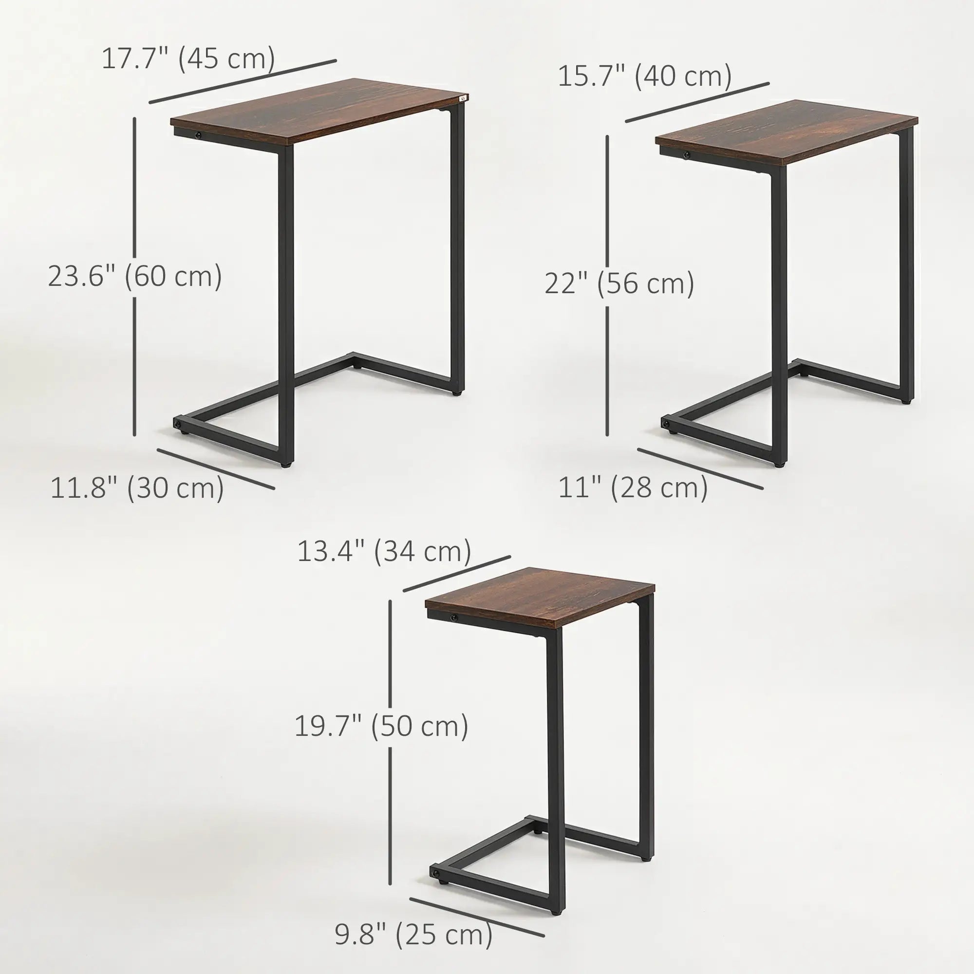 Nesting End Tables Set of 3, Industrial C-Shaped Side Table, Rustic Brown, Brown Side Tables at Gallery Canada
