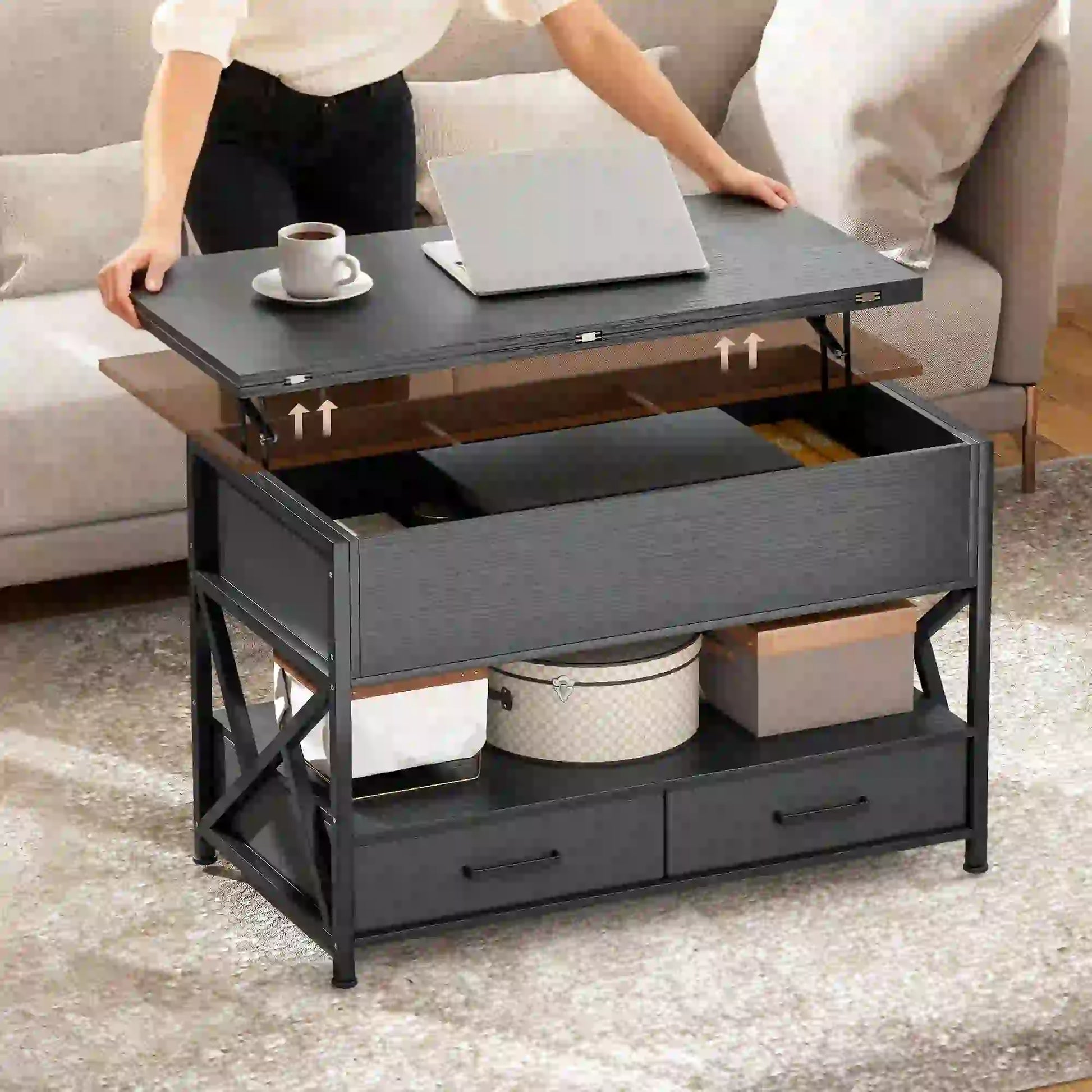 Modern Lift Top Coffee Table, Fabric Drawers, Hidden Storage, Distressed Black Coffee Tables at Gallery Canada