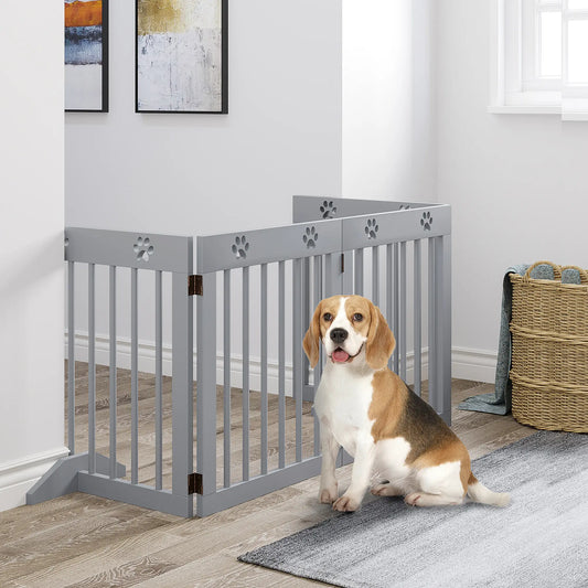 Freestanding Pet Gate, 4 Panel Wooden Dog Barrier, Light Grey Houses, Kennels & Pens Light Grey at Gallery Canada