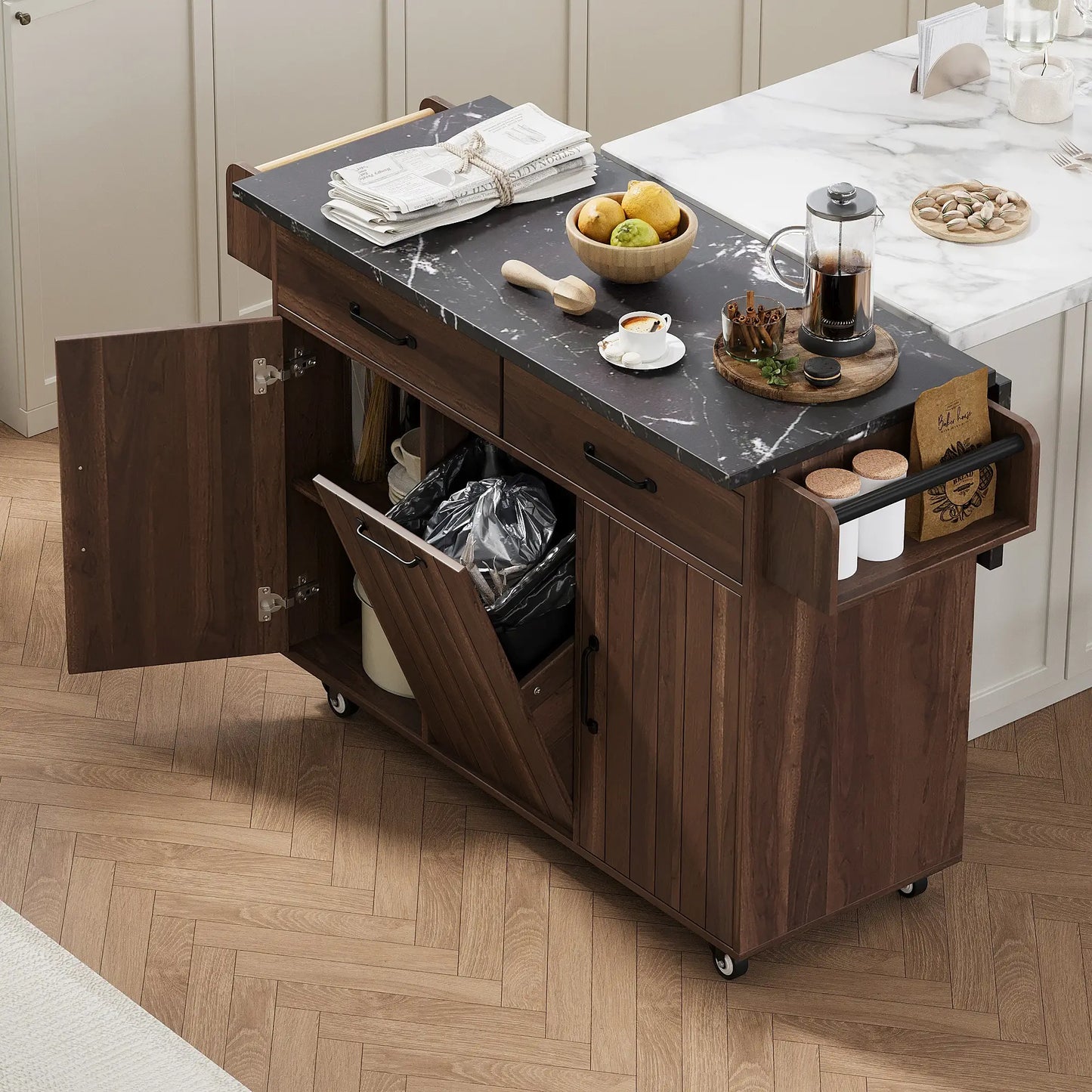Adjustable Shelf Island, Trash Cabinet, Spice Rack, 51" L x 20" W x 35" H, Walnut Brown Kitchen Islands & Kitchen Carts at Gallery Canada