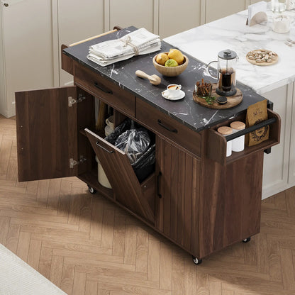 Adjustable Shelf Island, Trash Cabinet, Spice Rack, 51" L x 20" W x 35" H, Walnut Brown Kitchen Islands & Kitchen Carts at Gallery Canada
