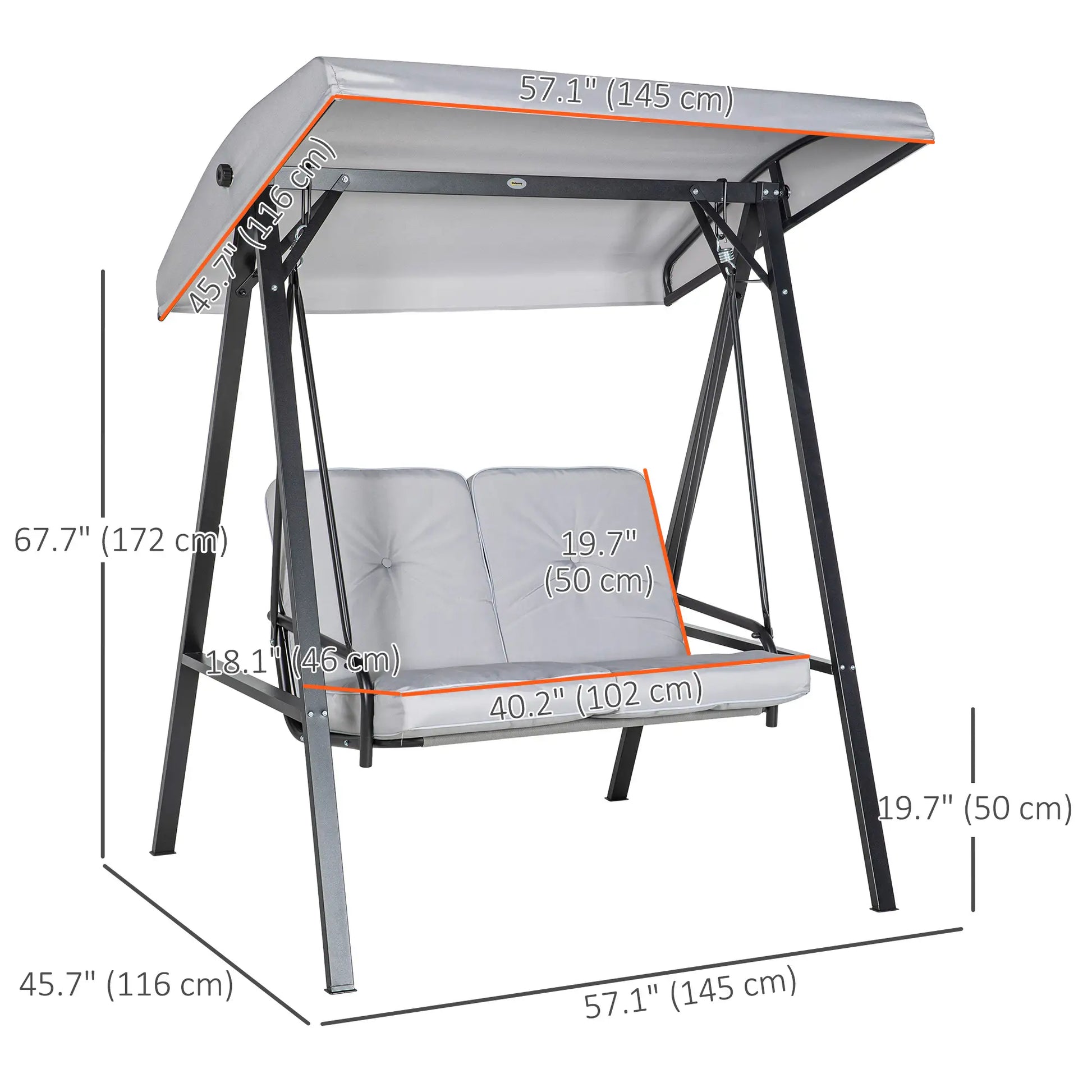 2-Seater Outdoor Porch Swing, Adjustable Canopy, Grey Patio Swings with Stand at Gallery Canada