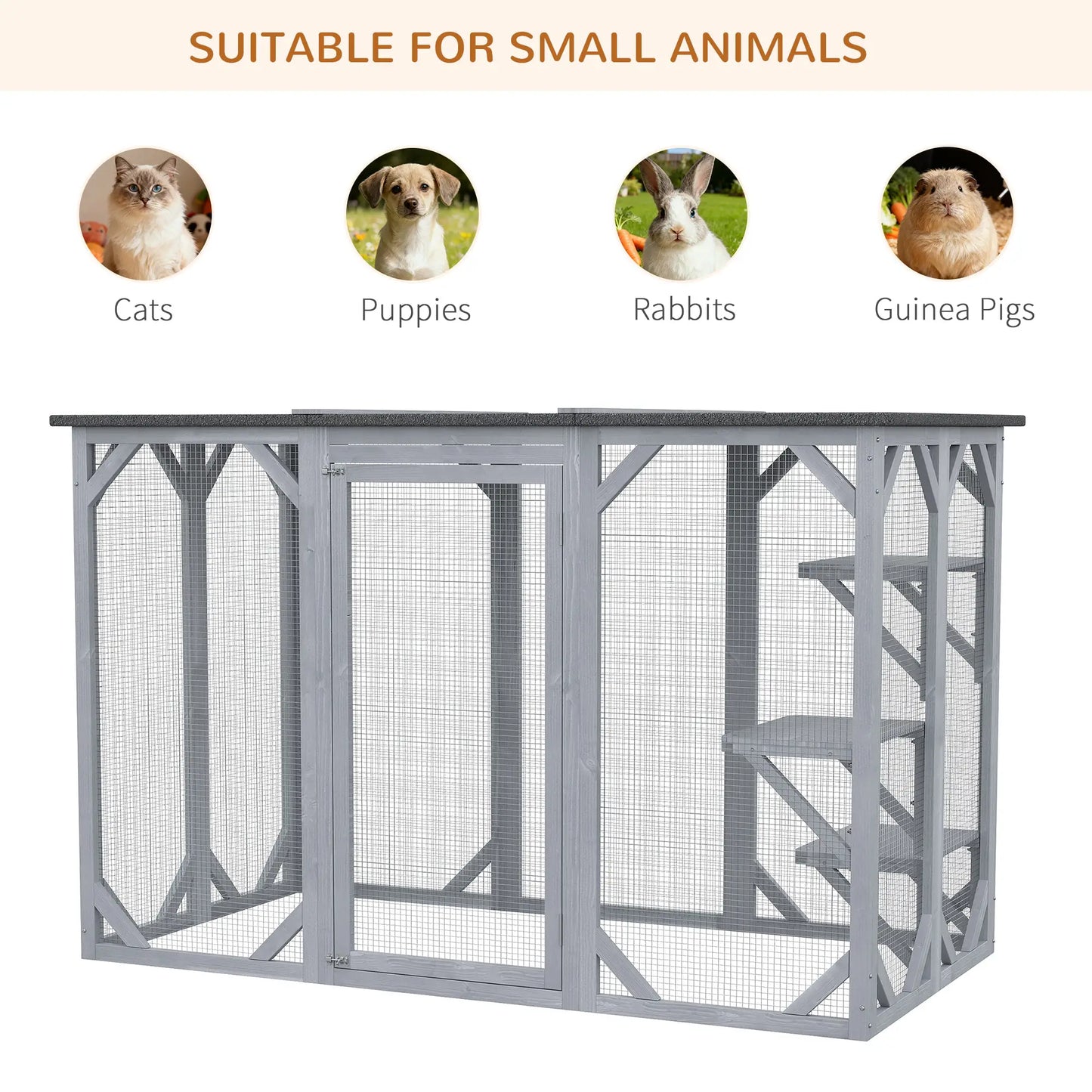 44.1" H Cat Cage, Indoor Outdoor Wooden Pet House, Small Animal Hutch, Grey Outdoor Cat Enclosures at Gallery Canada