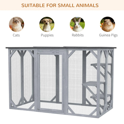 44.1" H Cat Cage, Indoor Outdoor Wooden Pet House, Small Animal Hutch, Grey Outdoor Cat Enclosures at Gallery Canada