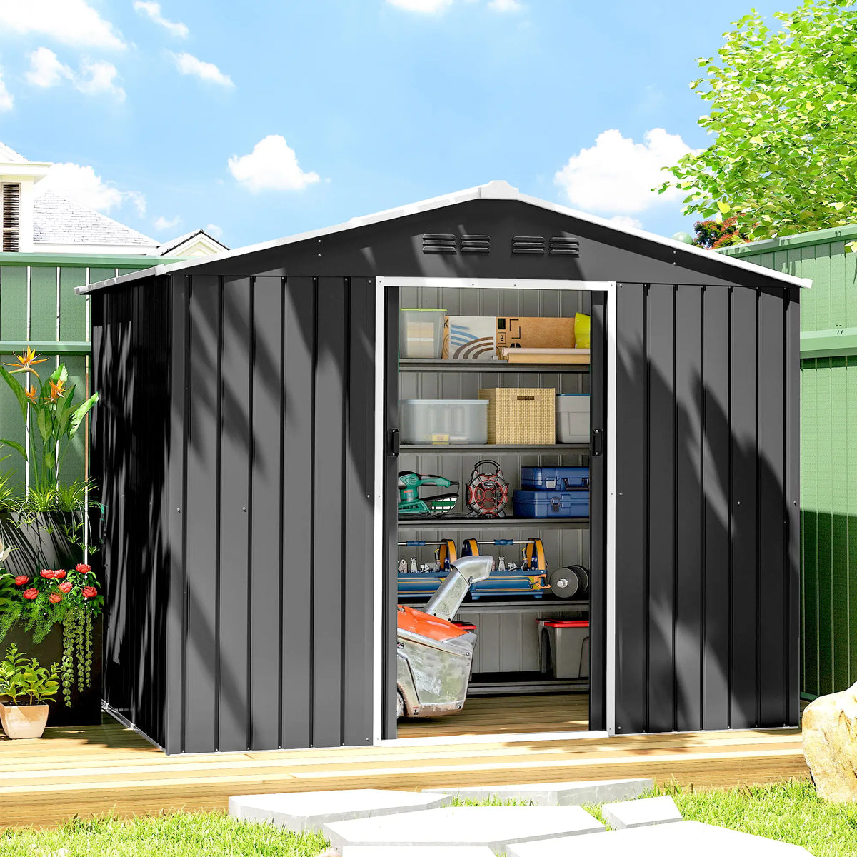 Abri de jardin en métal 8 x 6 pieds, gris foncé